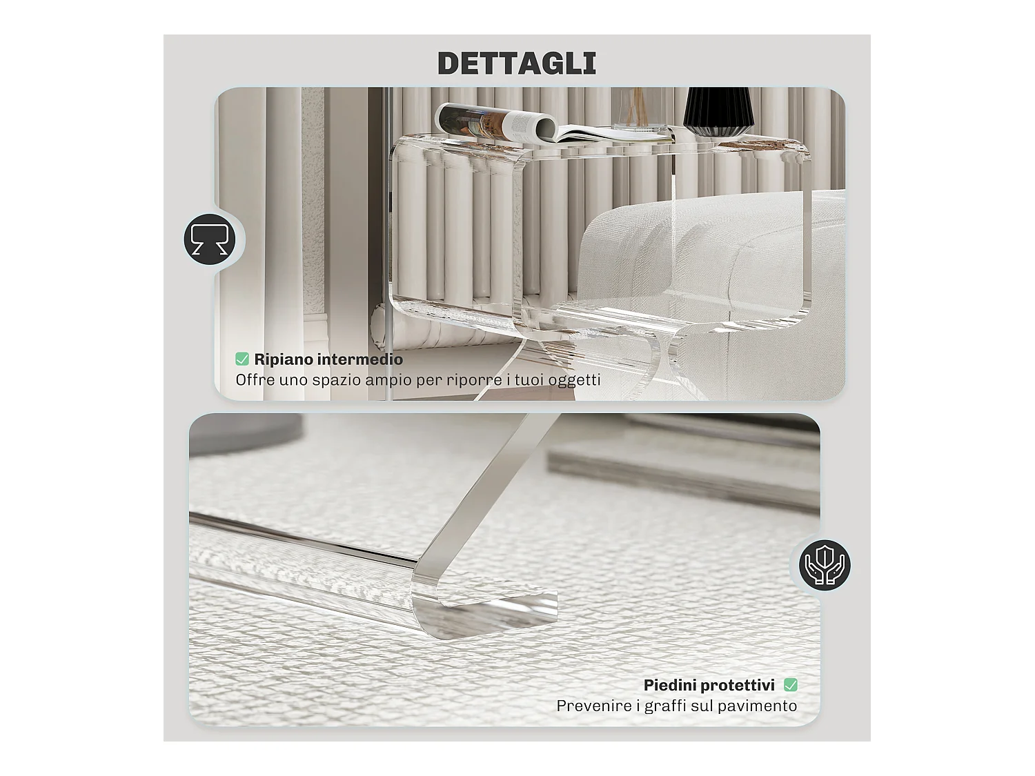 Tavolino basso 2 livelli con gambe triangolari in acrilico trasparente