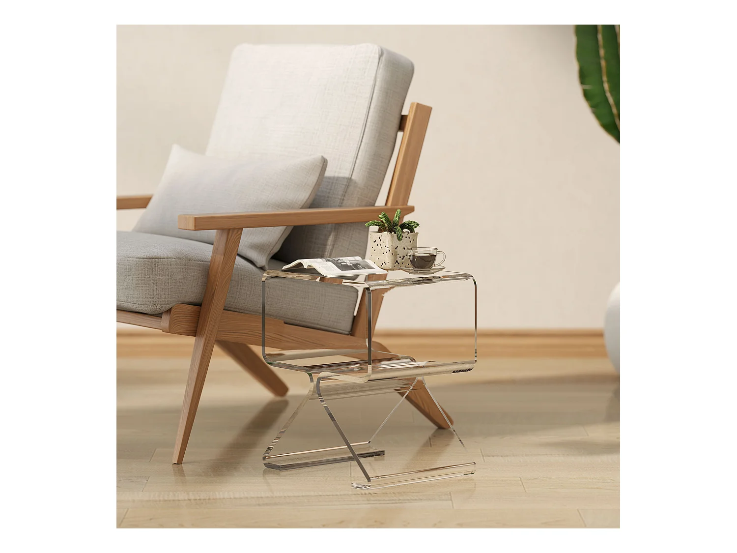 Tavolino basso 2 livelli con gambe triangolari in acrilico trasparente