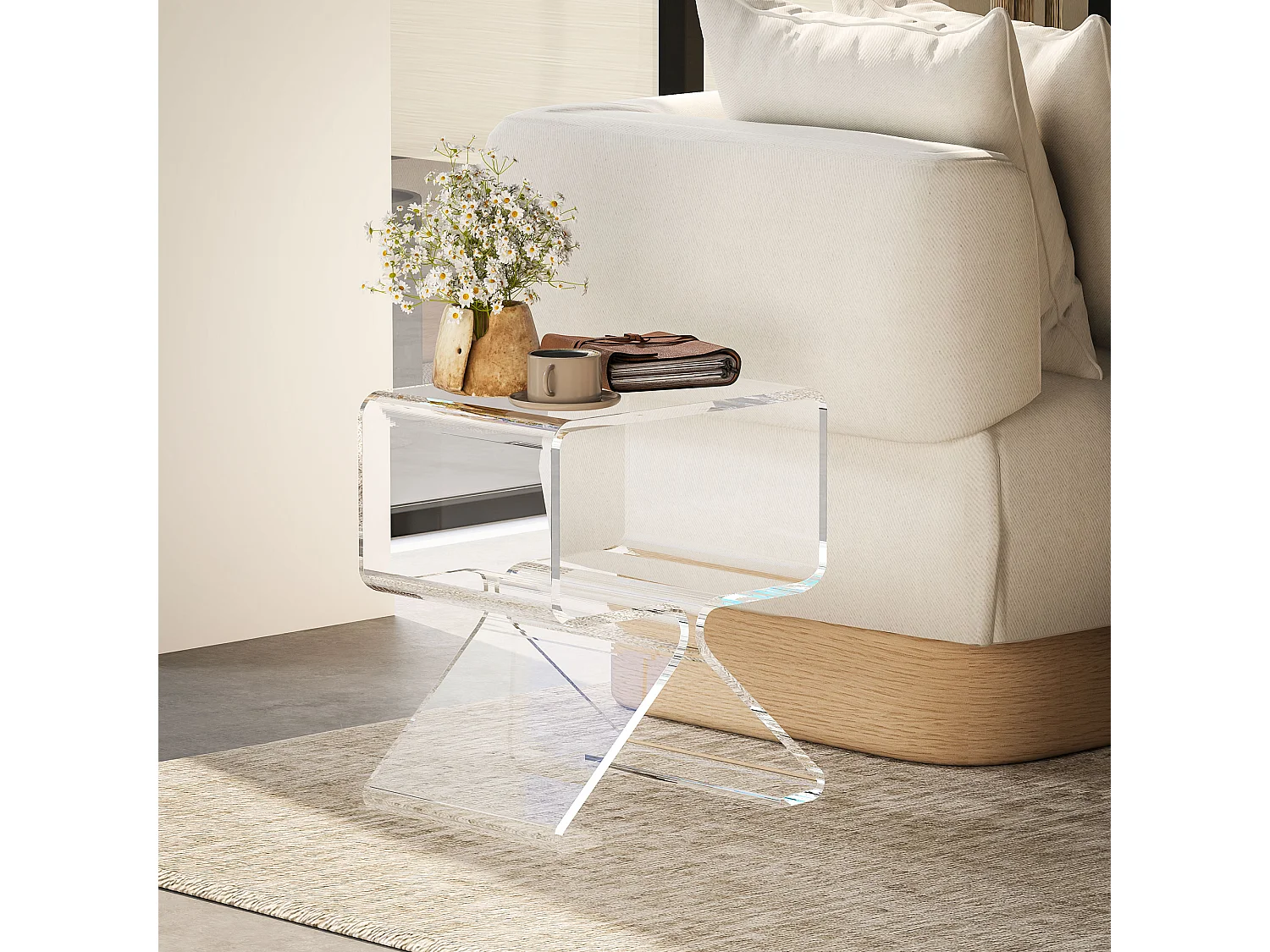Tavolino basso 2 livelli con gambe triangolari in acrilico trasparente