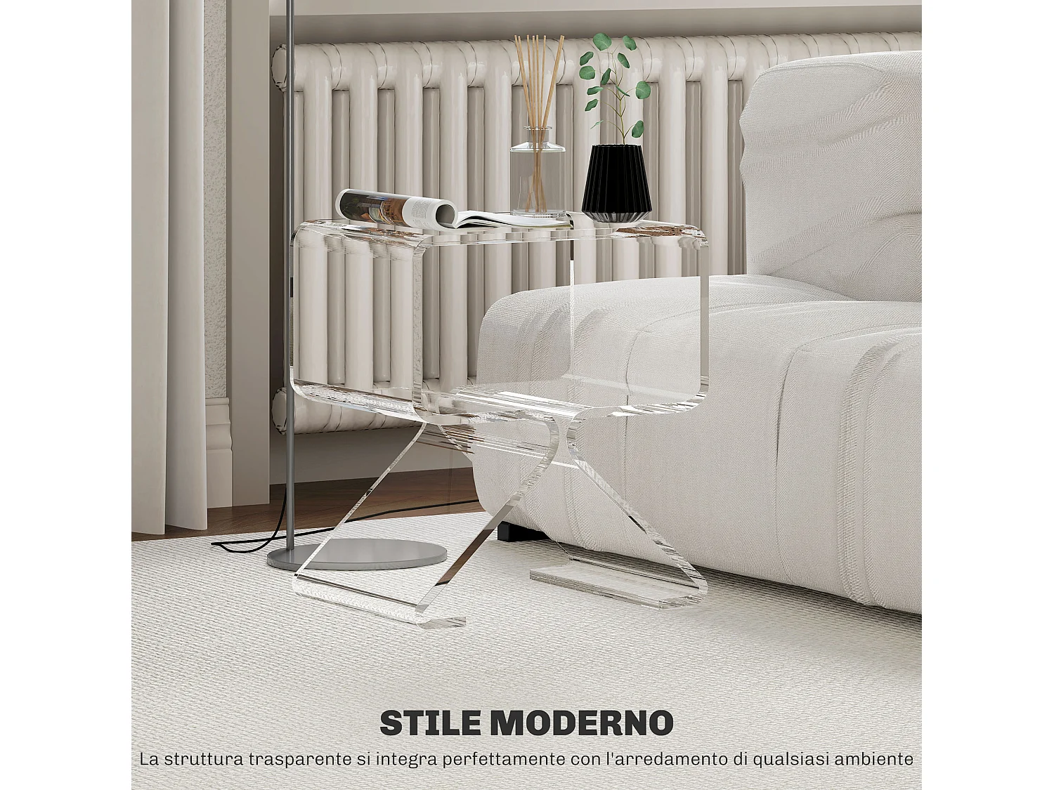 Tavolino basso 2 livelli con gambe triangolari in acrilico trasparente