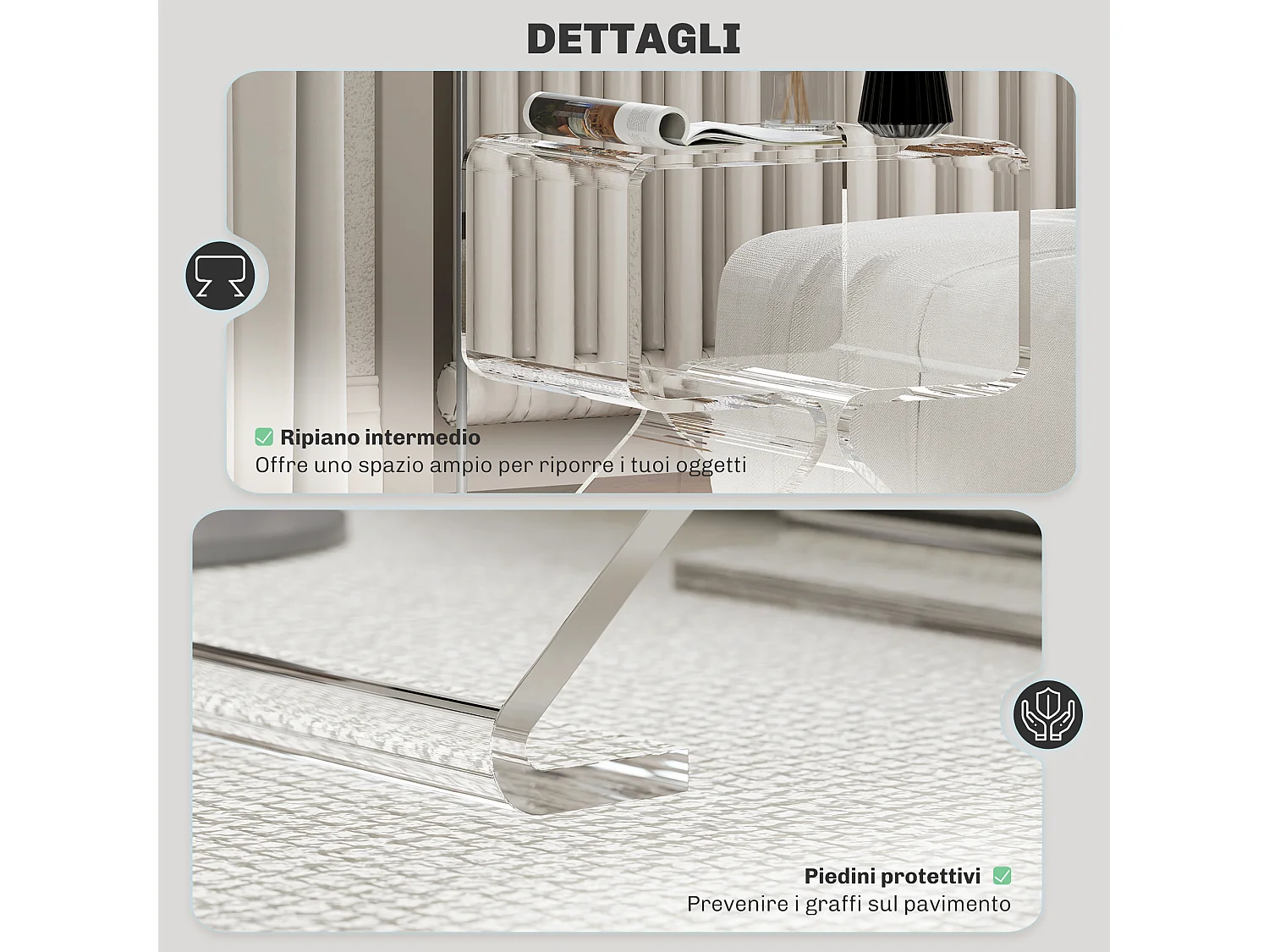 Tavolino basso 2 livelli con gambe triangolari in acrilico trasparente