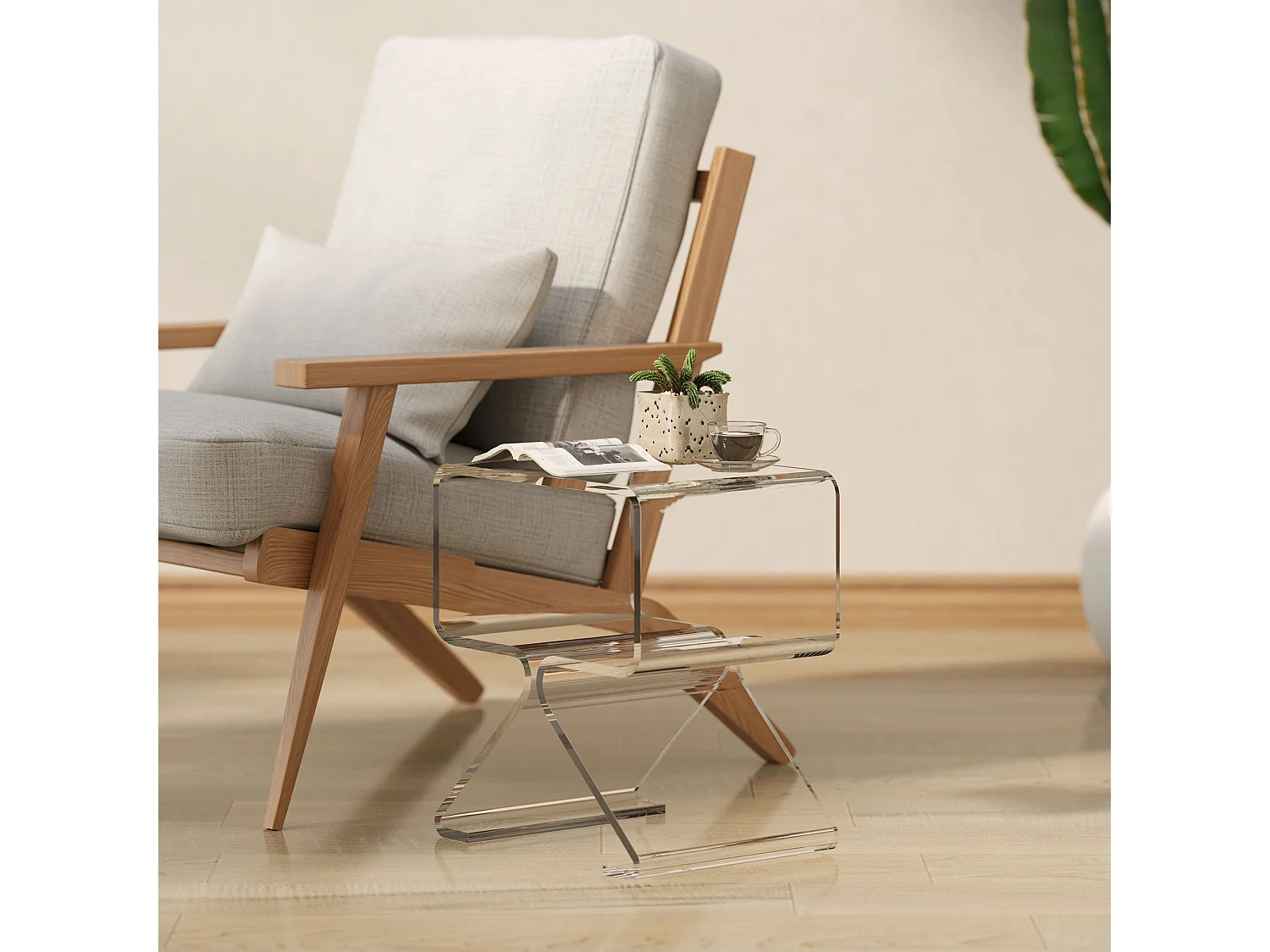 Tavolino basso 2 livelli con gambe triangolari in acrilico trasparente