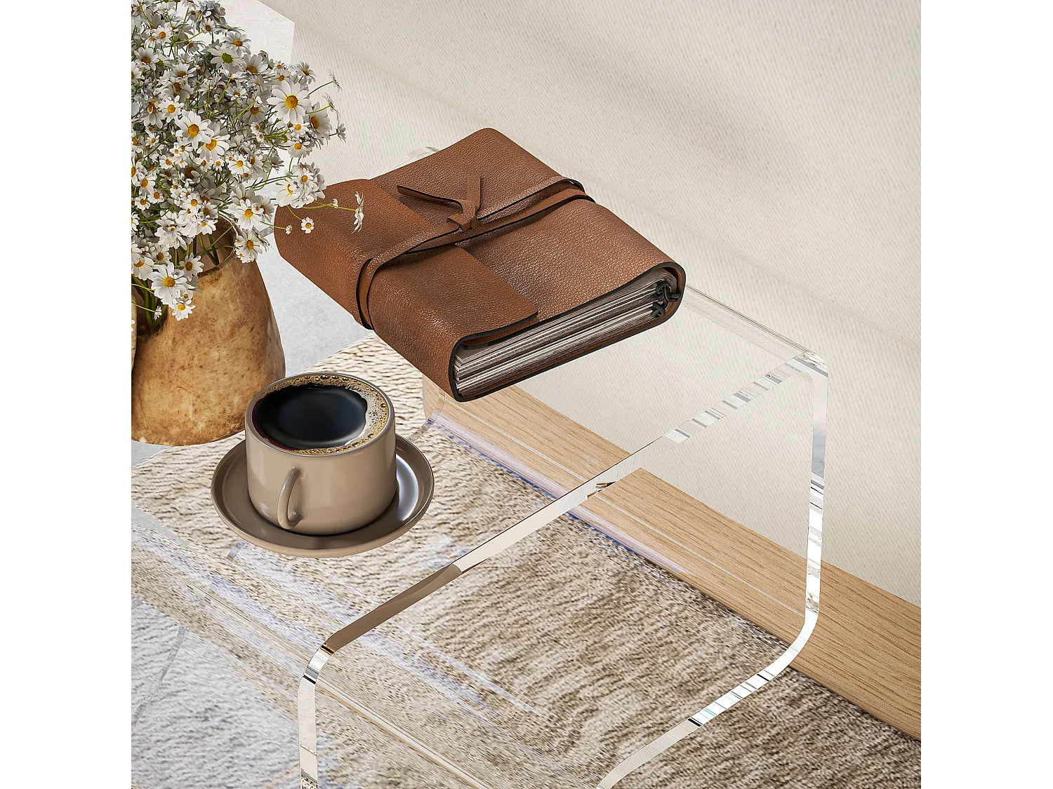 Tavolino basso 2 livelli con gambe triangolari in acrilico trasparente