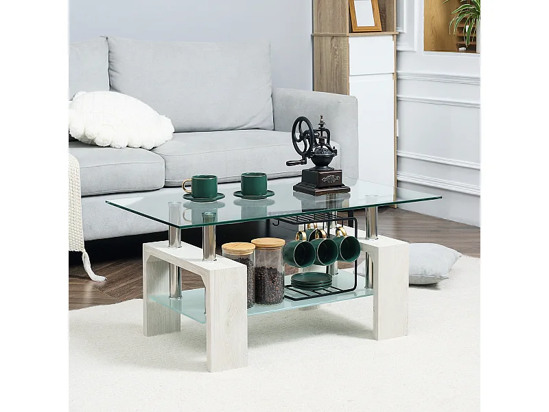 Tavolino da salotto moderno in vetro e legno bianco a 2 livelli
