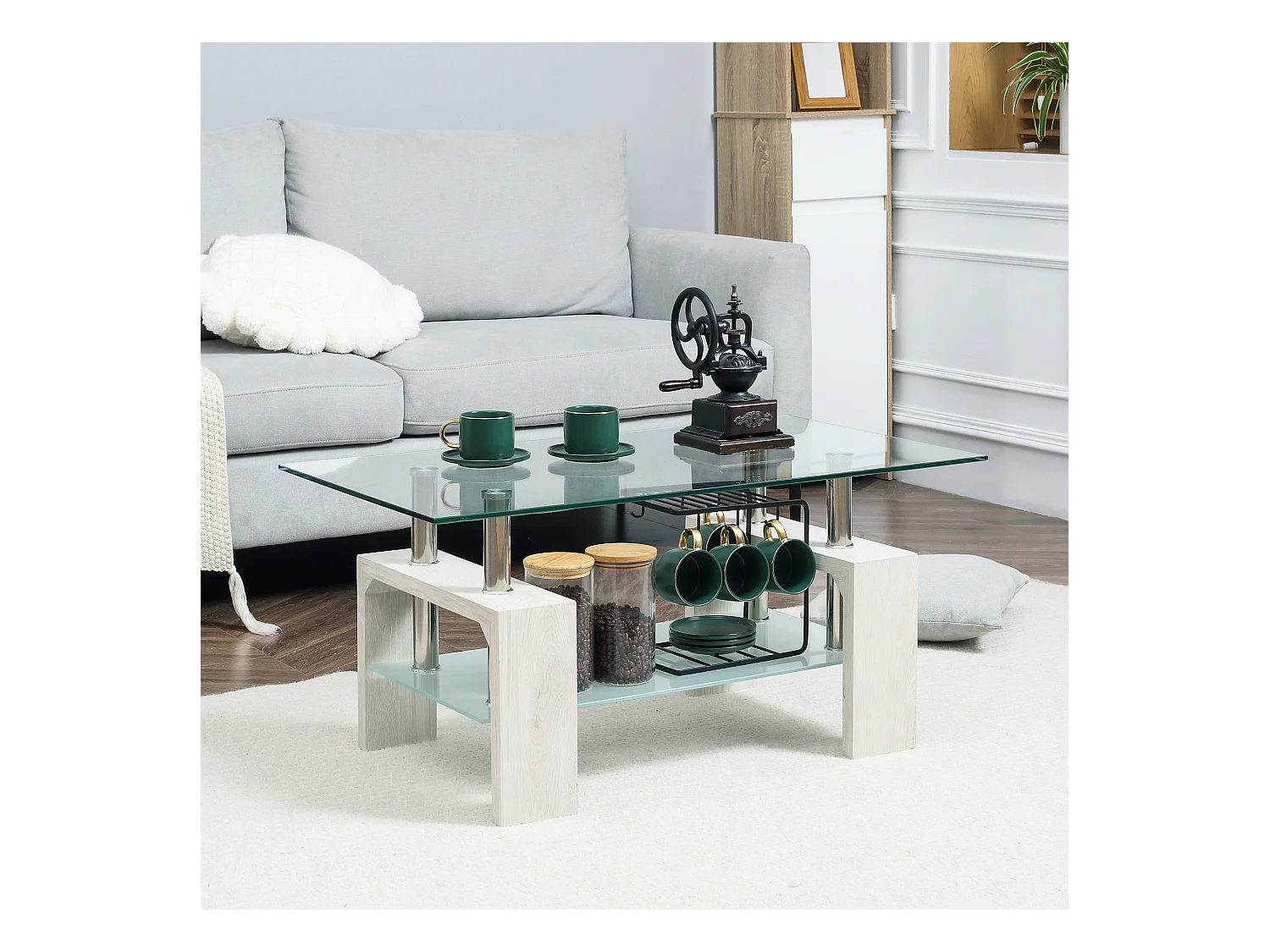 Tavolino da salotto moderno in vetro e legno bianco a 2 livelli