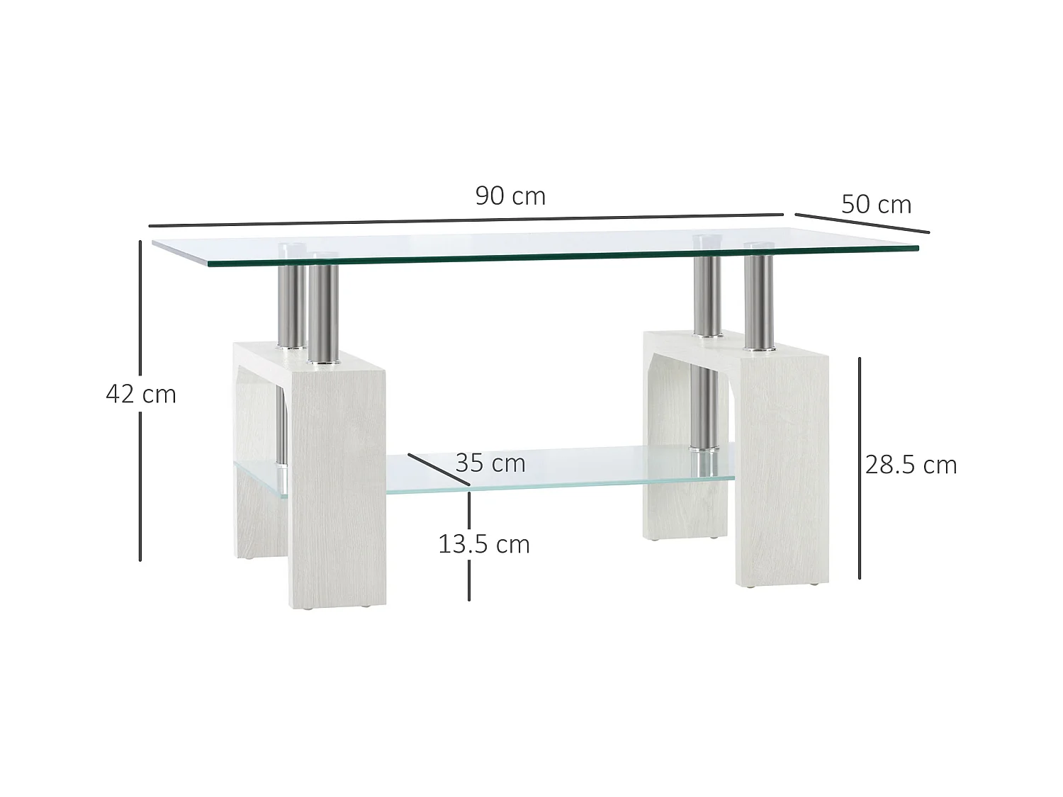 Tavolino da salotto moderno in vetro e legno bianco a 2 livelli