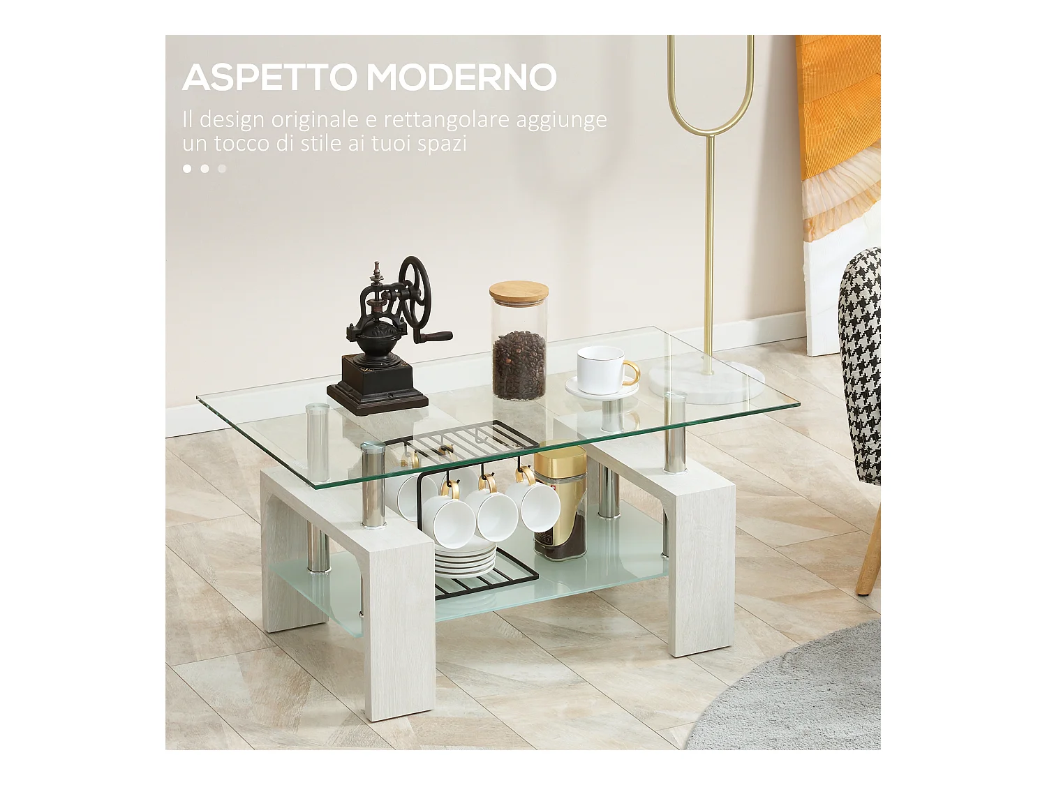 Tavolino da salotto moderno in vetro e legno bianco a 2 livelli