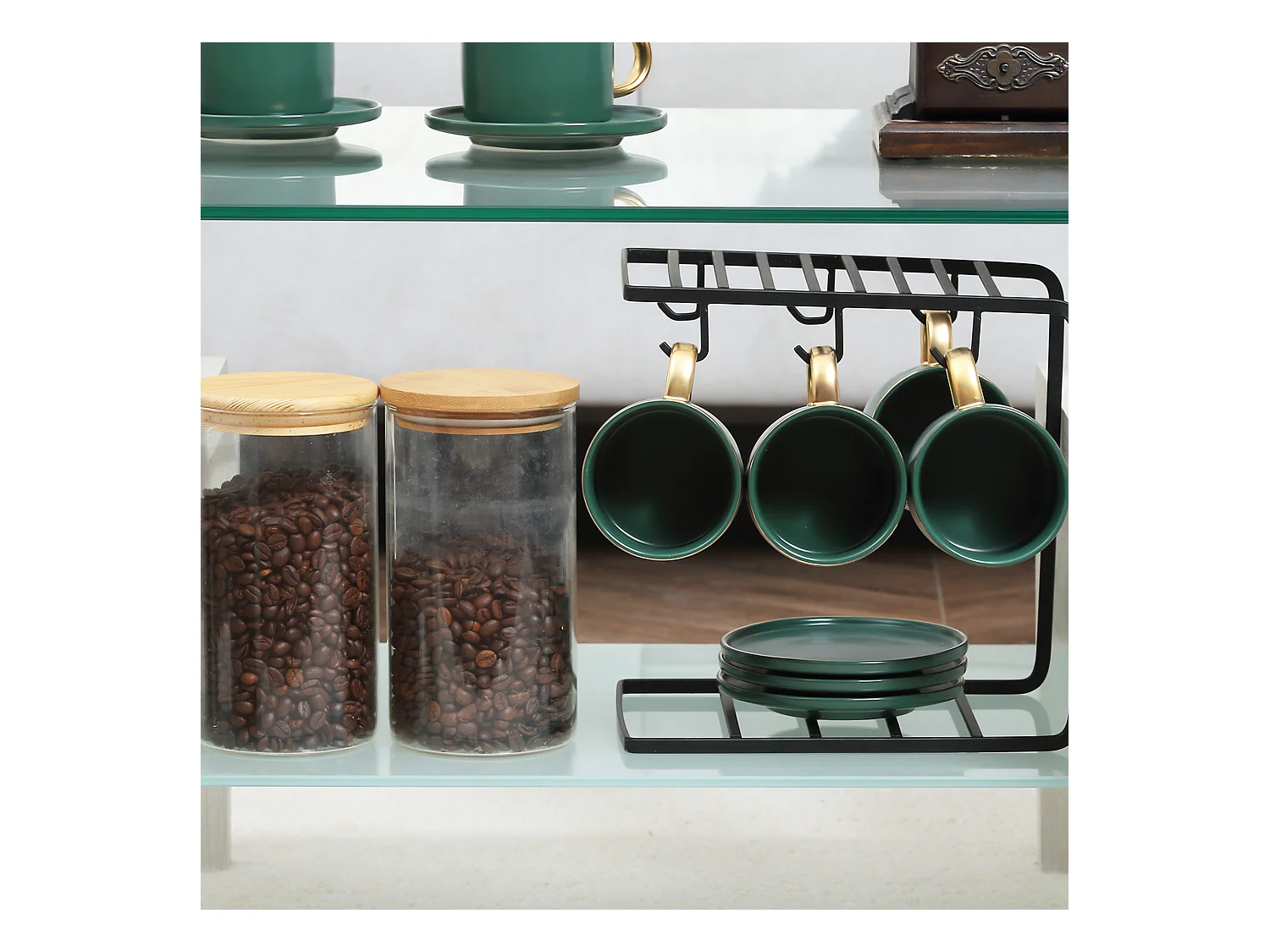 Tavolino da salotto moderno in vetro e legno bianco a 2 livelli