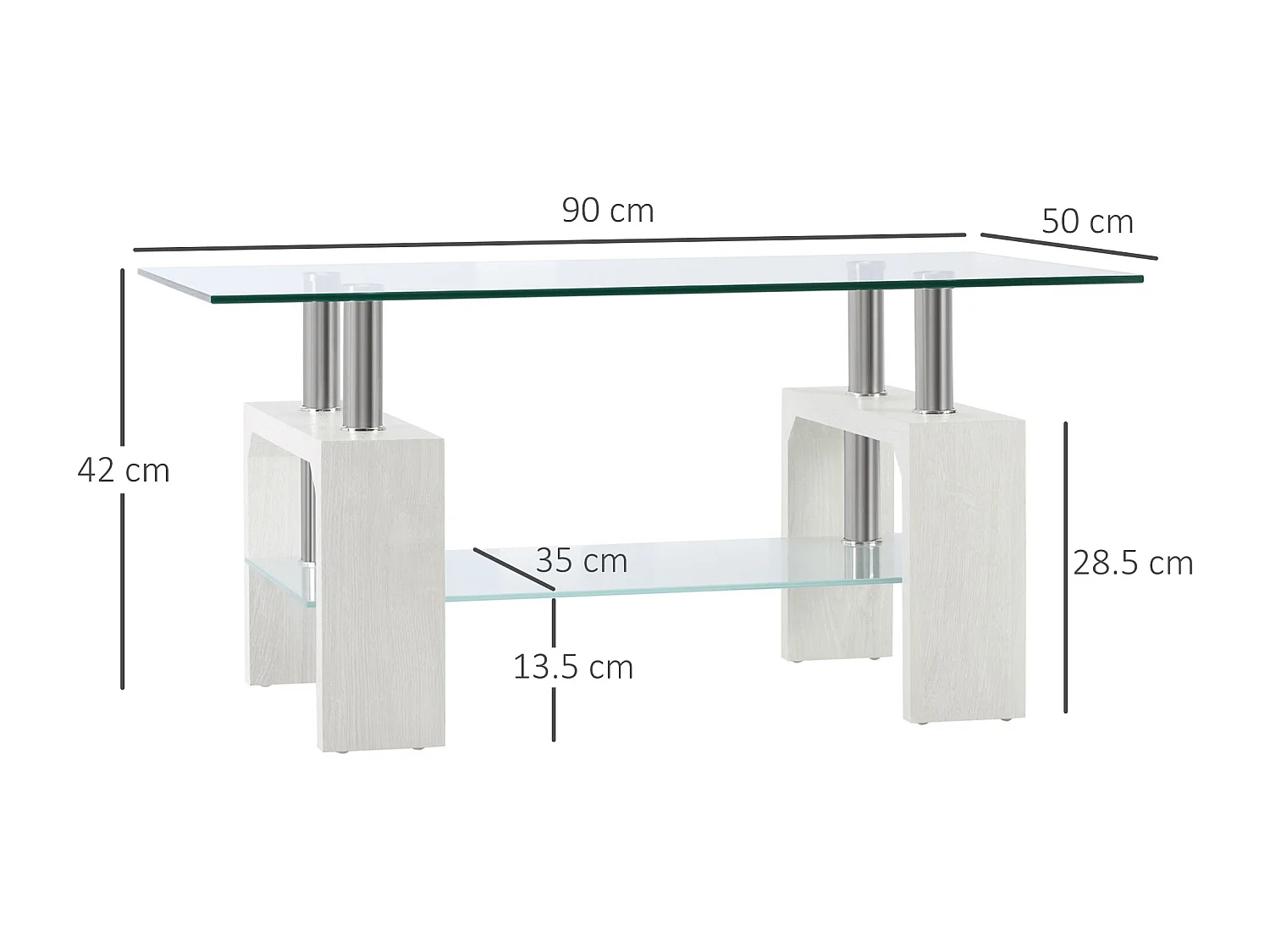 Tavolino da salotto moderno in vetro e legno bianco a 2 livelli