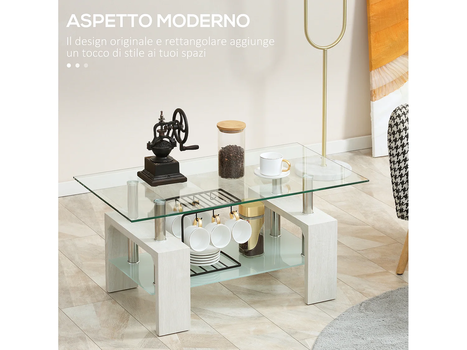 Tavolino da salotto moderno in vetro e legno bianco a 2 livelli