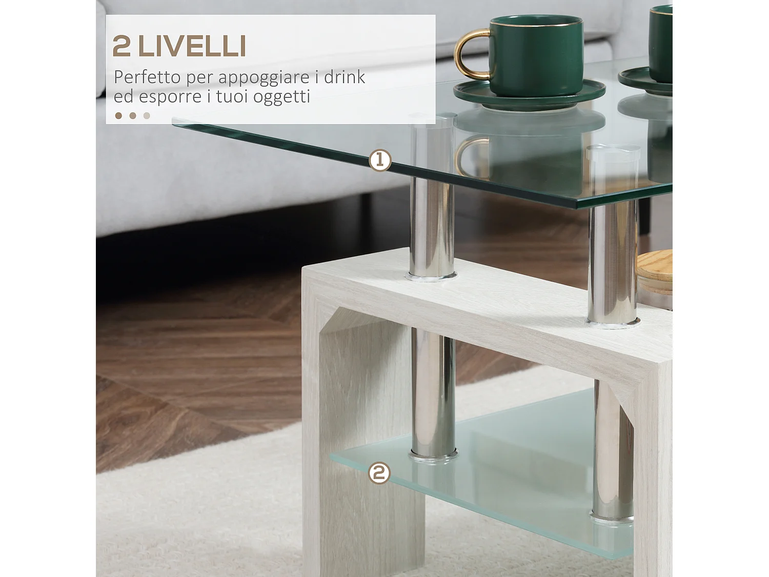 Tavolino da salotto moderno in vetro e legno bianco a 2 livelli