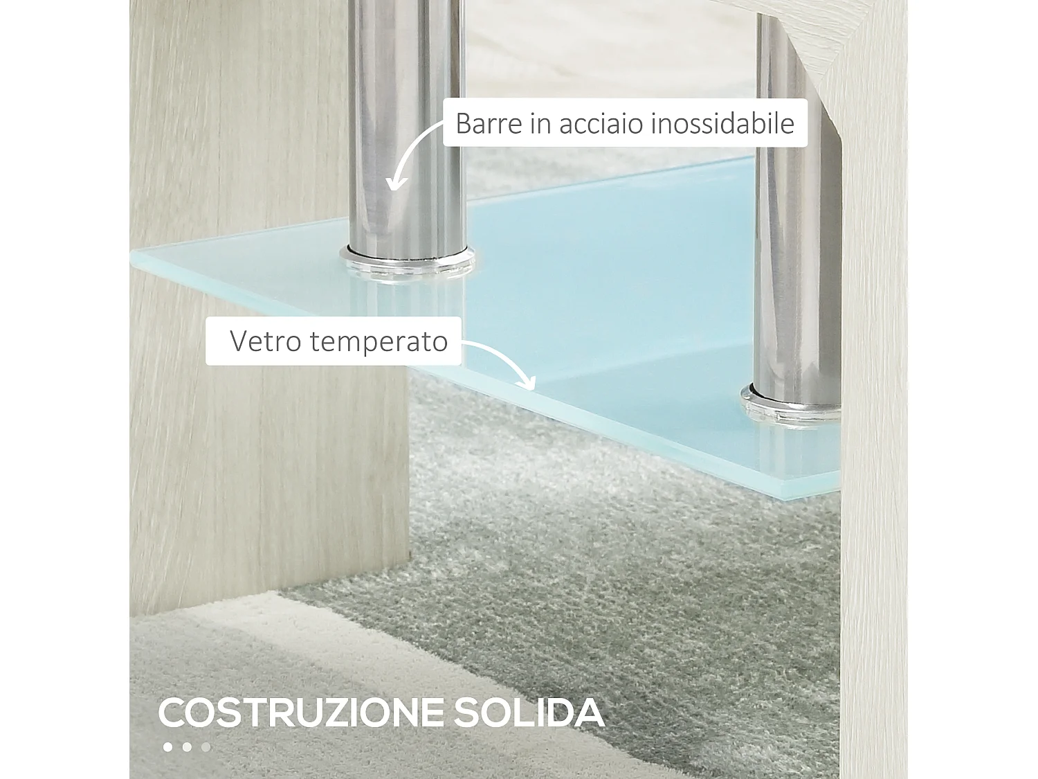 Tavolino da salotto moderno in vetro e legno bianco a 2 livelli