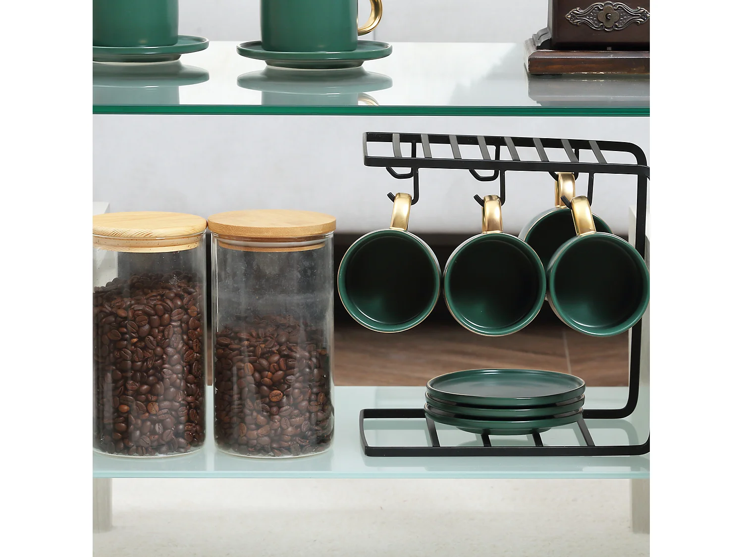 Tavolino da salotto moderno in vetro e legno bianco a 2 livelli