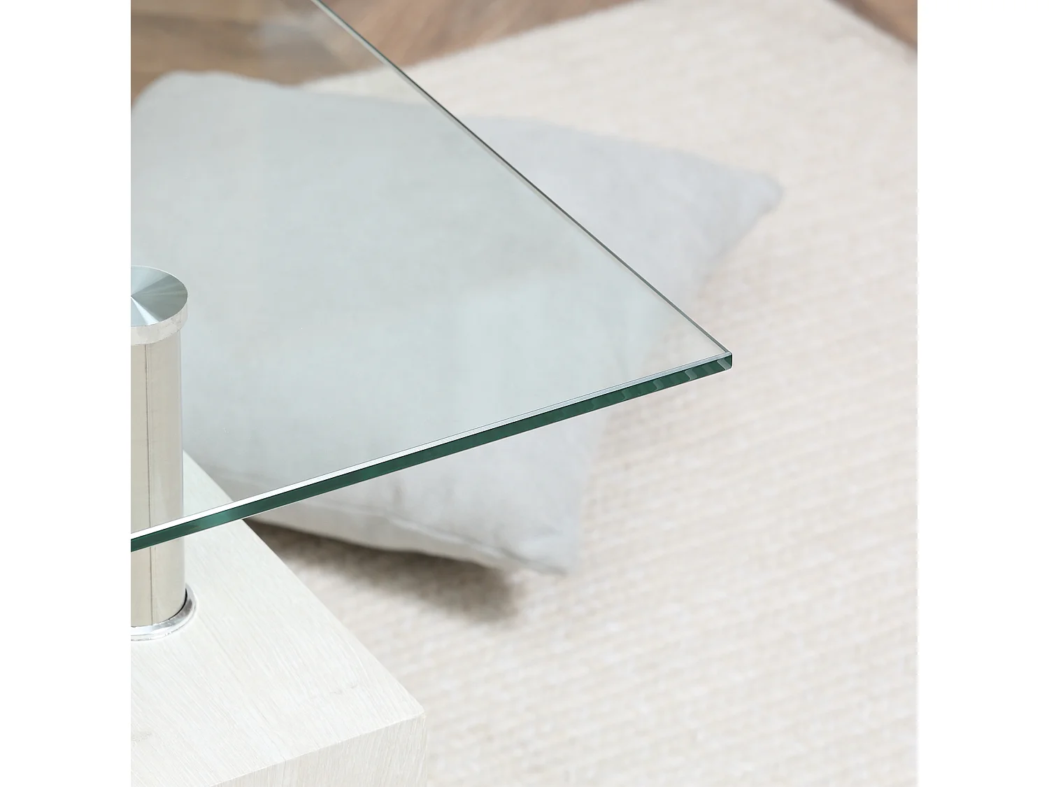 Tavolino da salotto moderno in vetro e legno bianco a 2 livelli