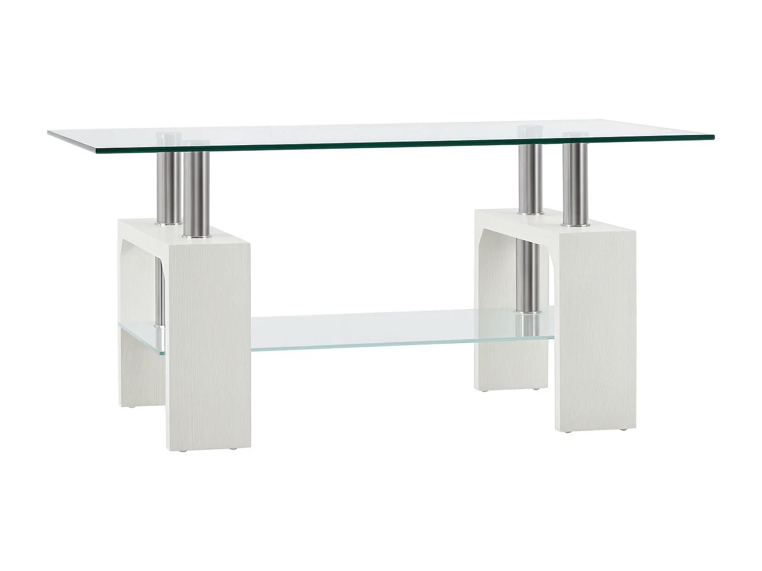 Tavolino da salotto moderno in vetro e legno bianco a 2 livelli