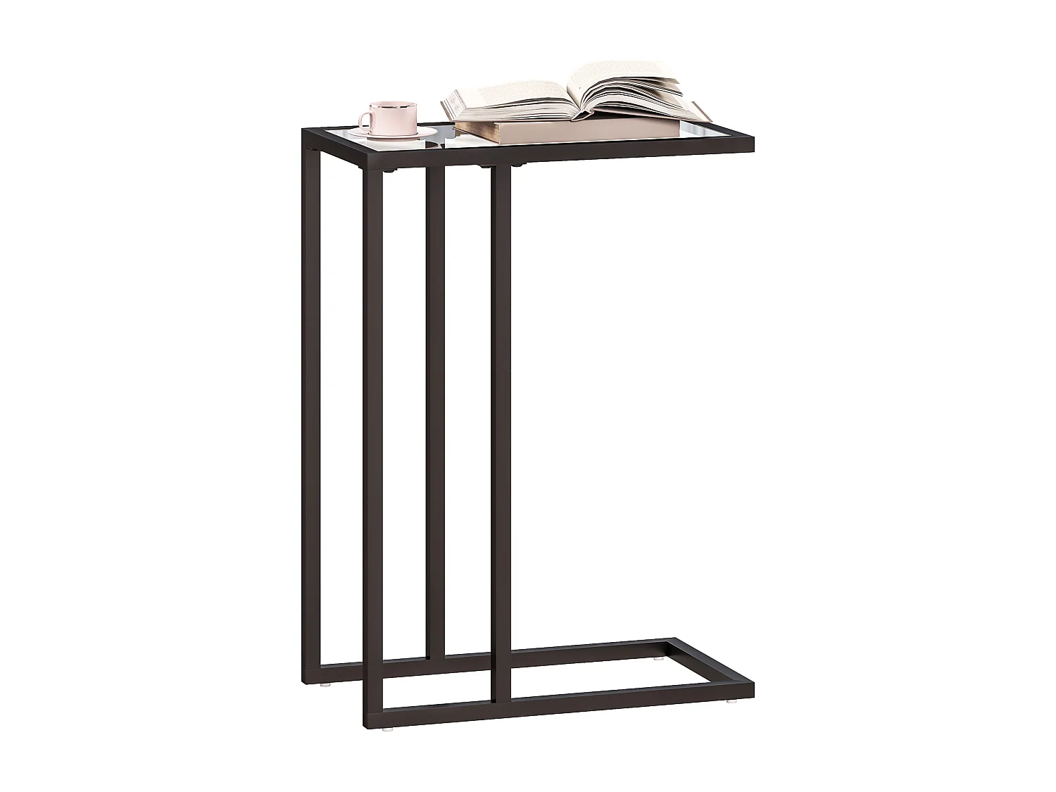 Tavolino da caffè a forma di c in vetro e acciaio nero