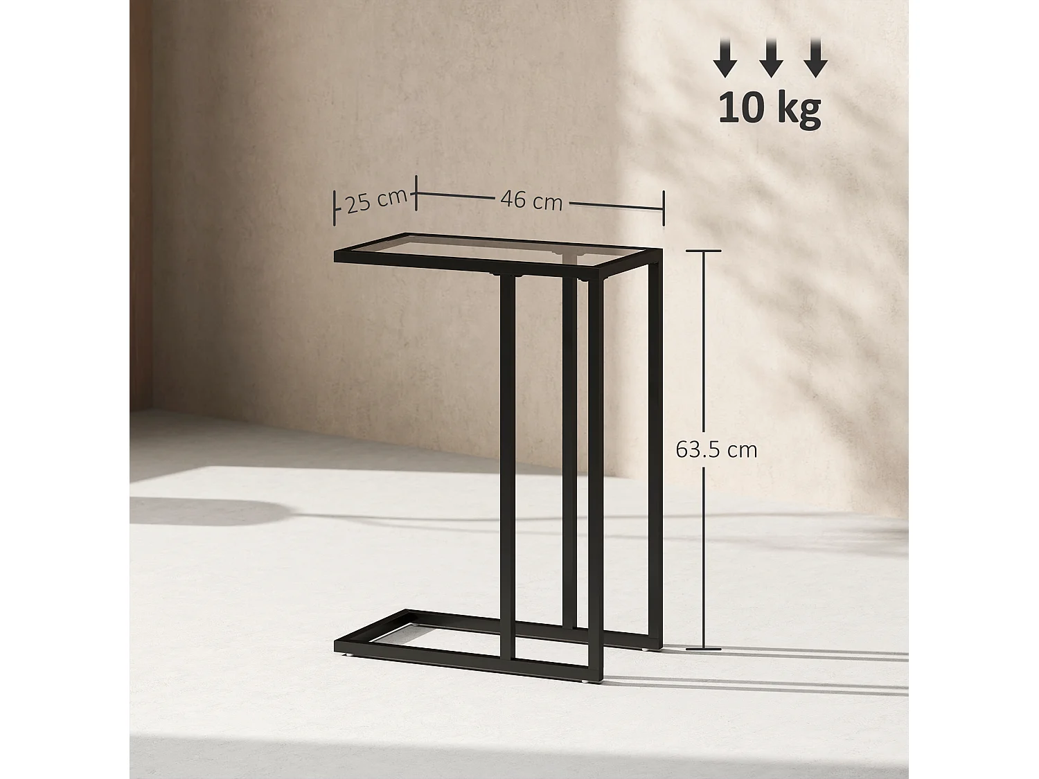 Tavolino da caffè a forma di c in vetro e acciaio nero