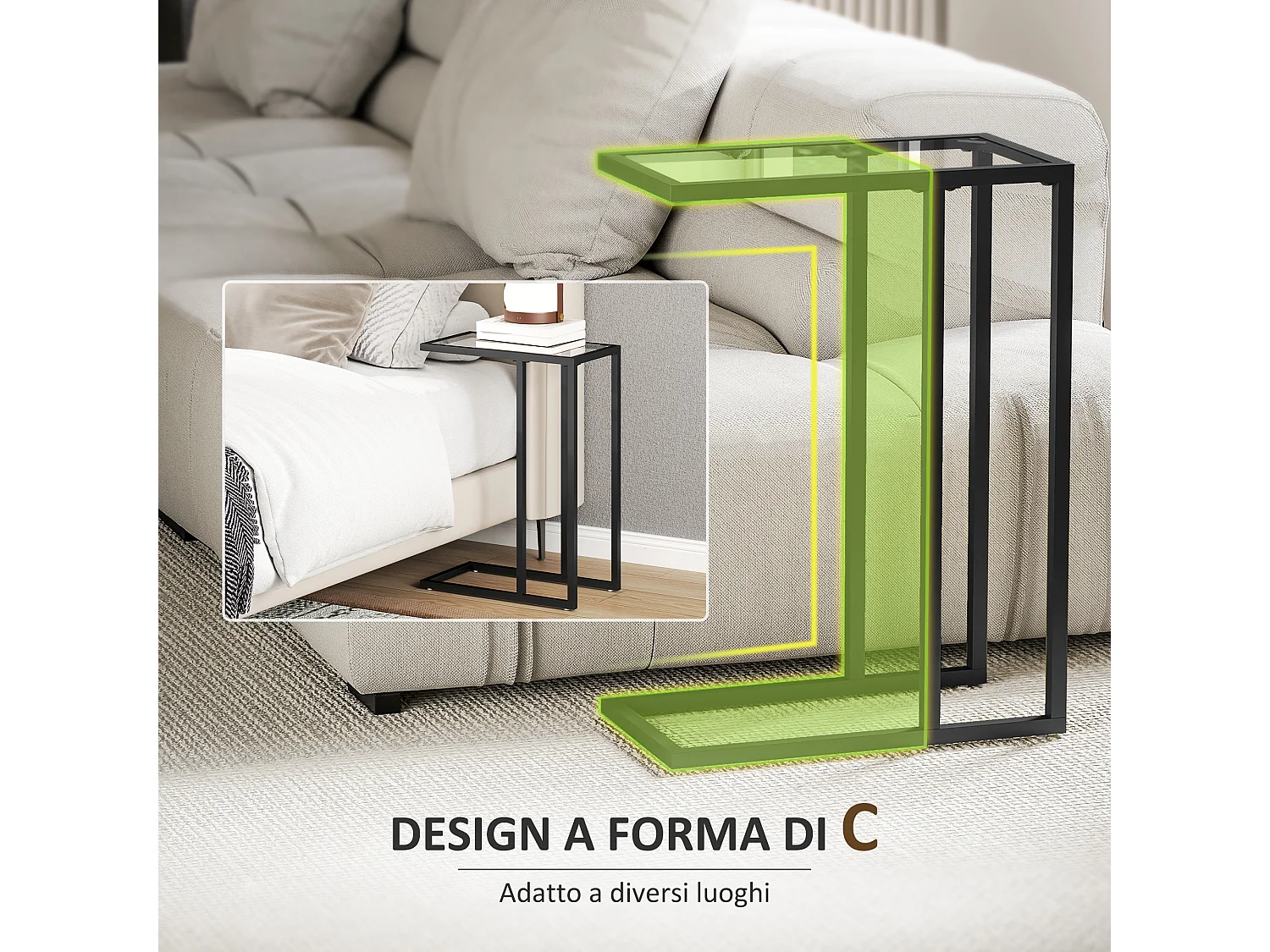 Tavolino da caffè a forma di c in vetro e acciaio nero