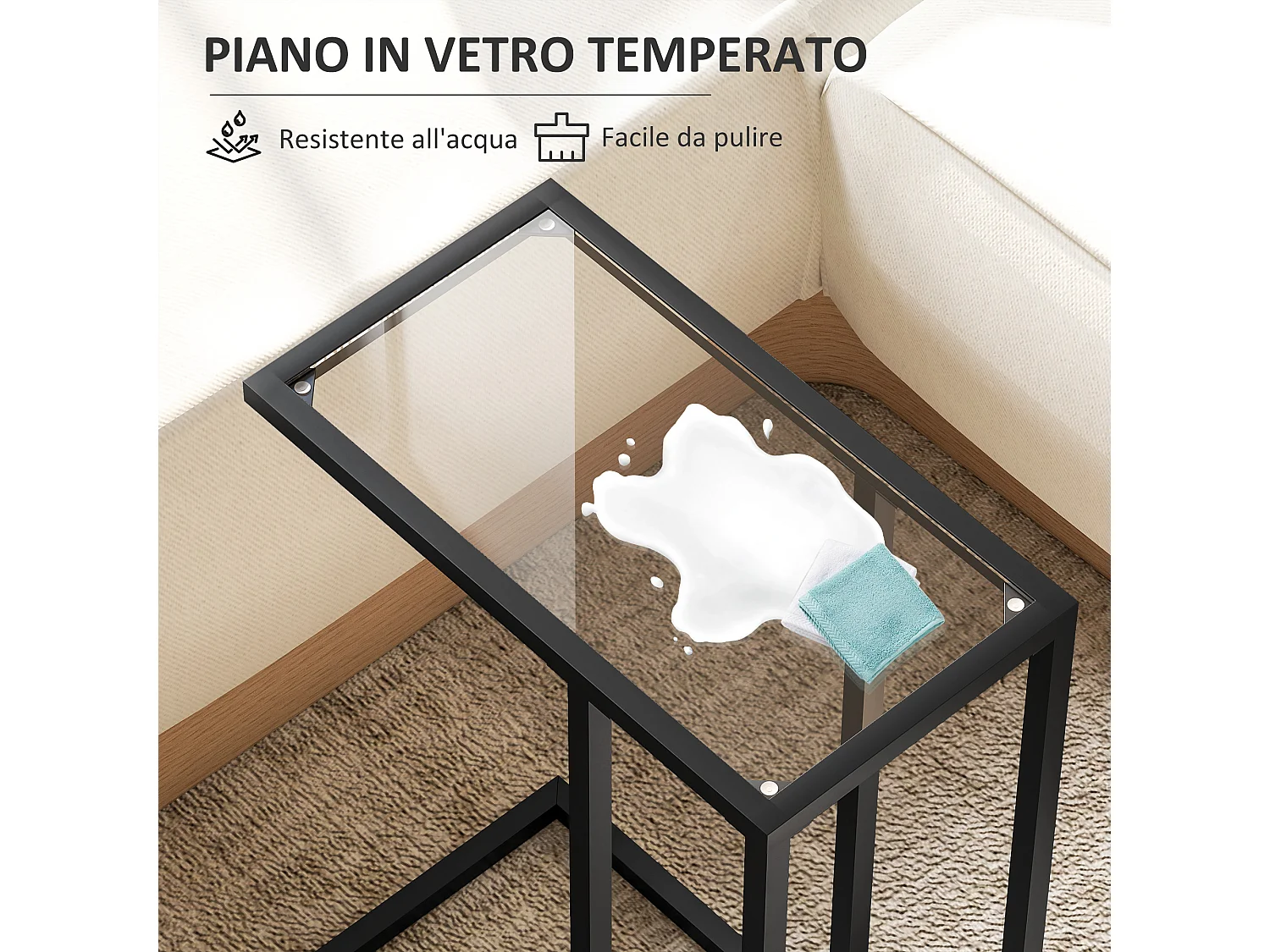 Tavolino da caffè a forma di c in vetro e acciaio nero