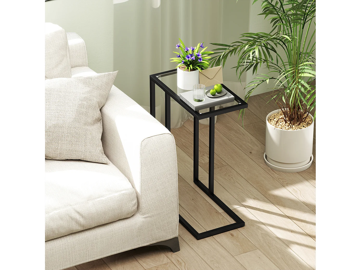 Tavolino da caffè a forma di c in vetro e acciaio nero