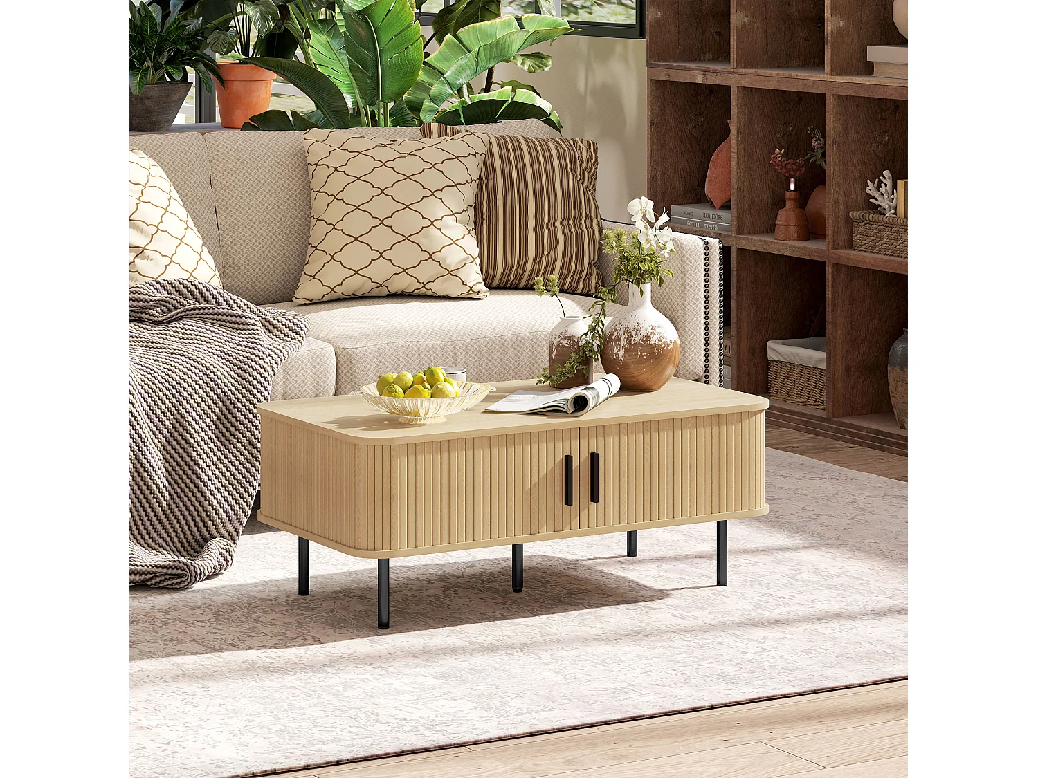 Tavolino da caffè con 2 ripiani in legno e acciaio nero e rovere