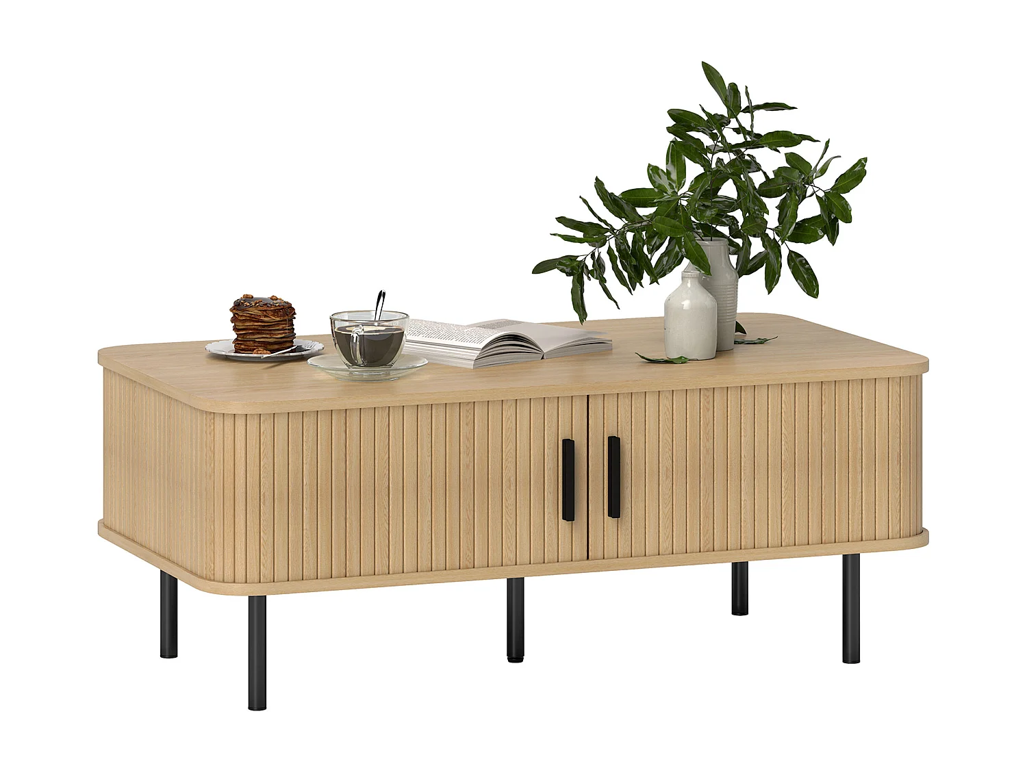 Tavolino da caffè con 2 ripiani in legno e acciaio nero e rovere