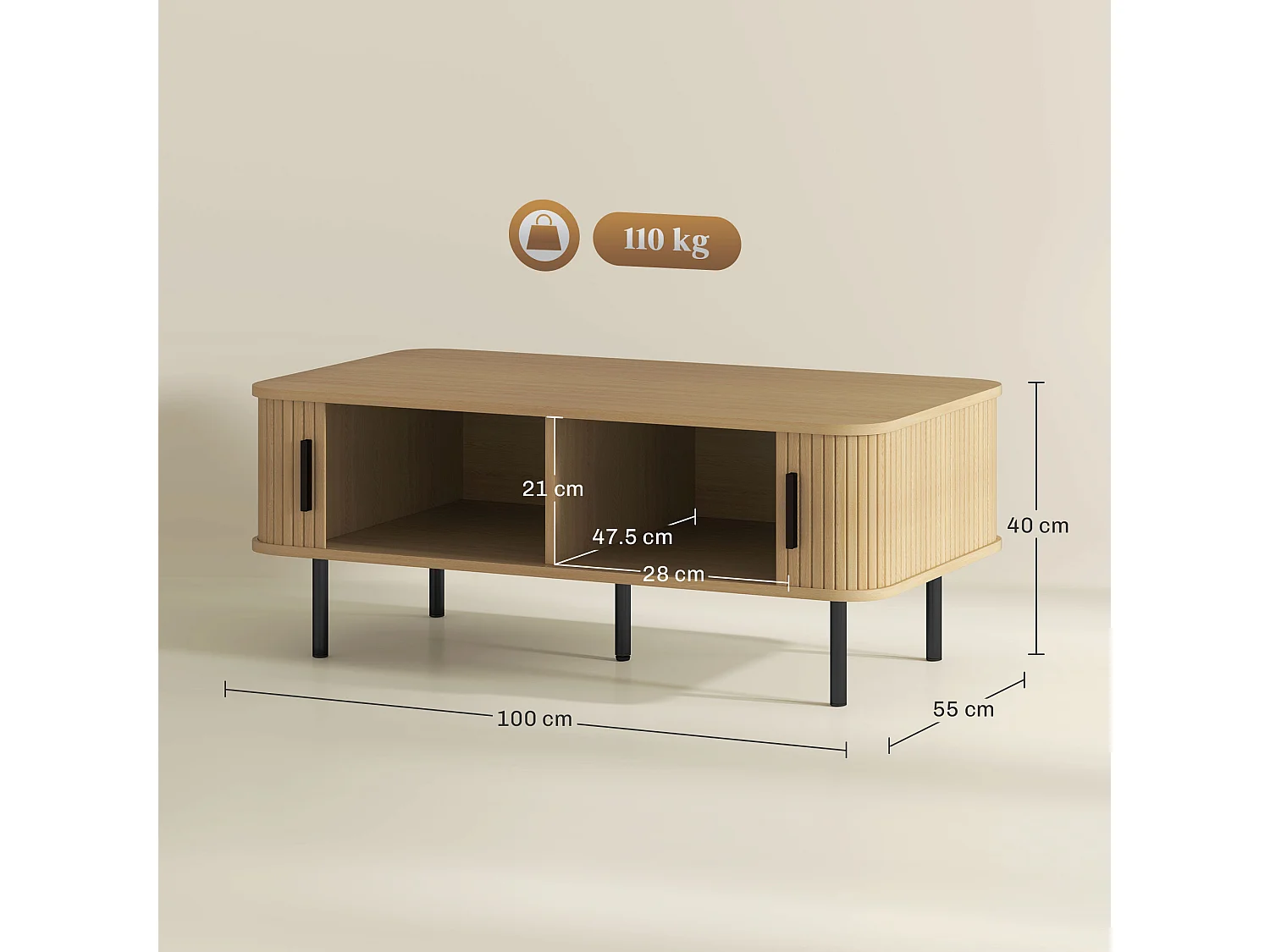 Tavolino da caffè con 2 ripiani in legno e acciaio nero e rovere