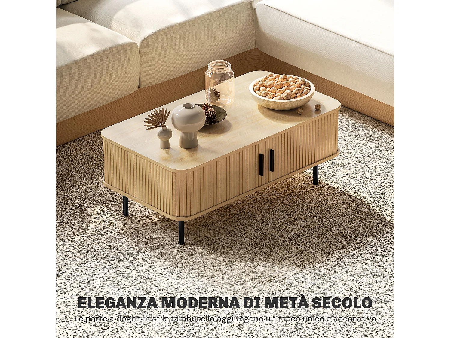 Tavolino da caffè con 2 ripiani in legno e acciaio nero e rovere