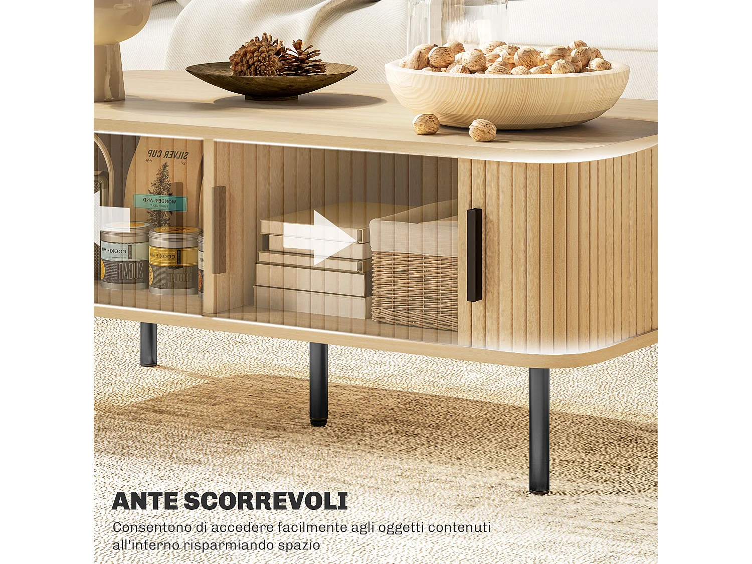 Tavolino da caffè con 2 ripiani in legno e acciaio nero e rovere