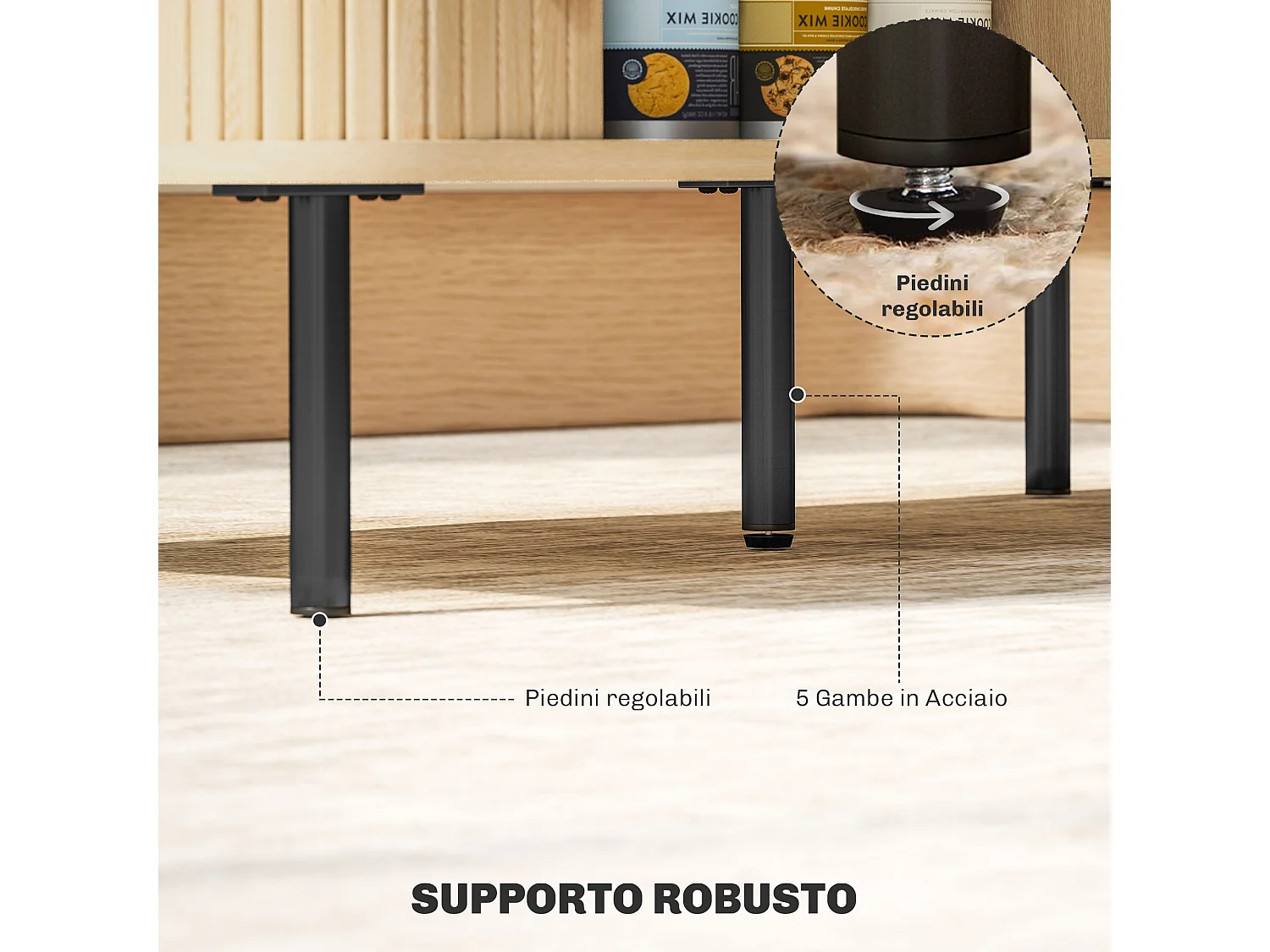 Tavolino da caffè con 2 ripiani in legno e acciaio nero e rovere