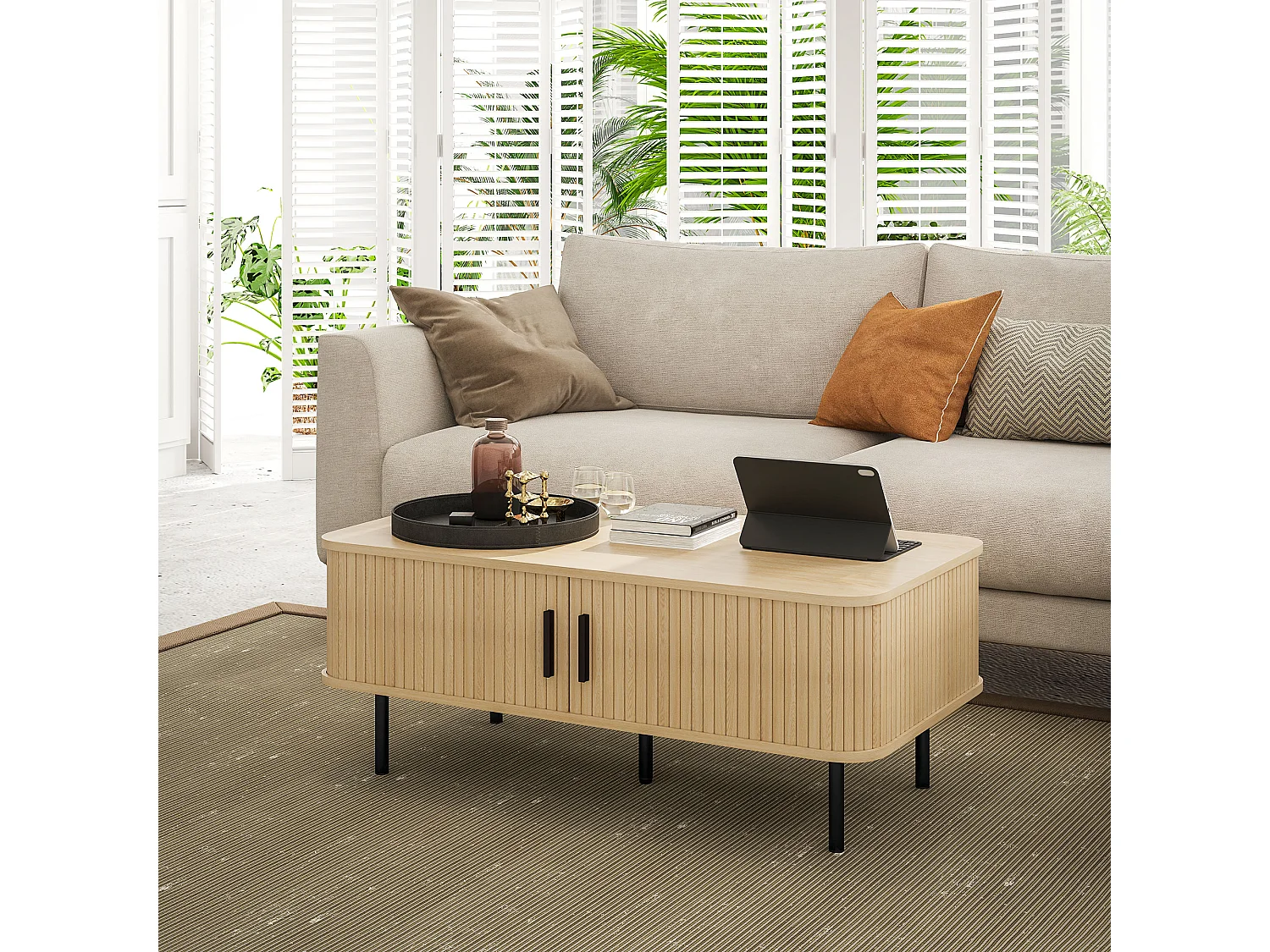 Tavolino da caffè con 2 ripiani in legno e acciaio nero e rovere