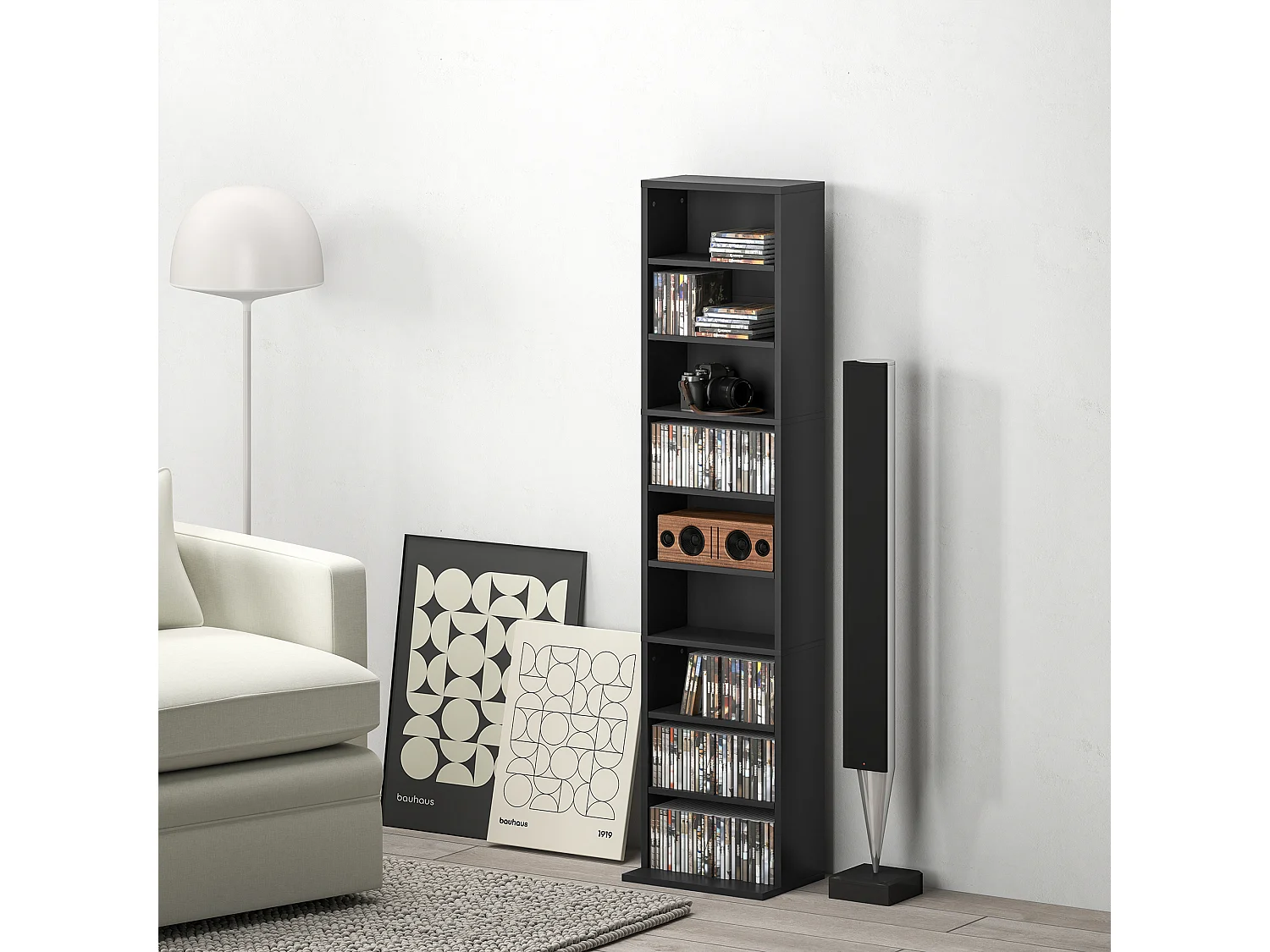 Scaffale porta cd con 6 ripiani regolabili alto 140 cm in legno nero