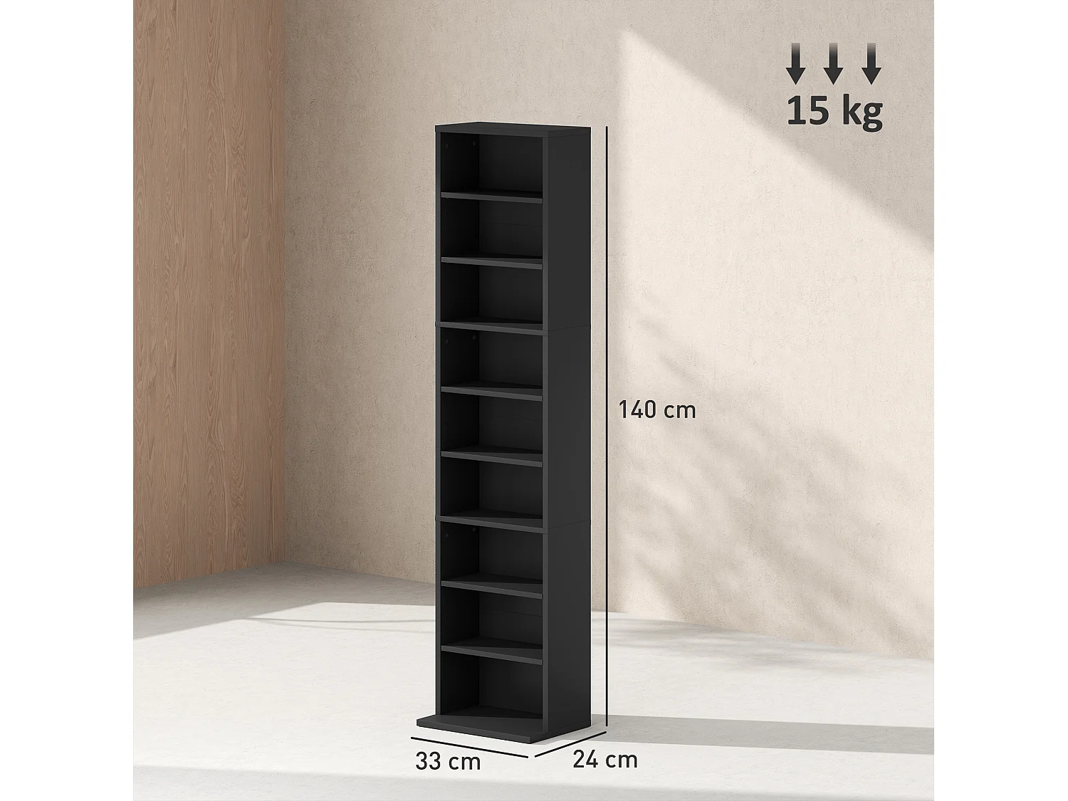 Scaffale porta cd con 6 ripiani regolabili alto 140 cm in legno nero