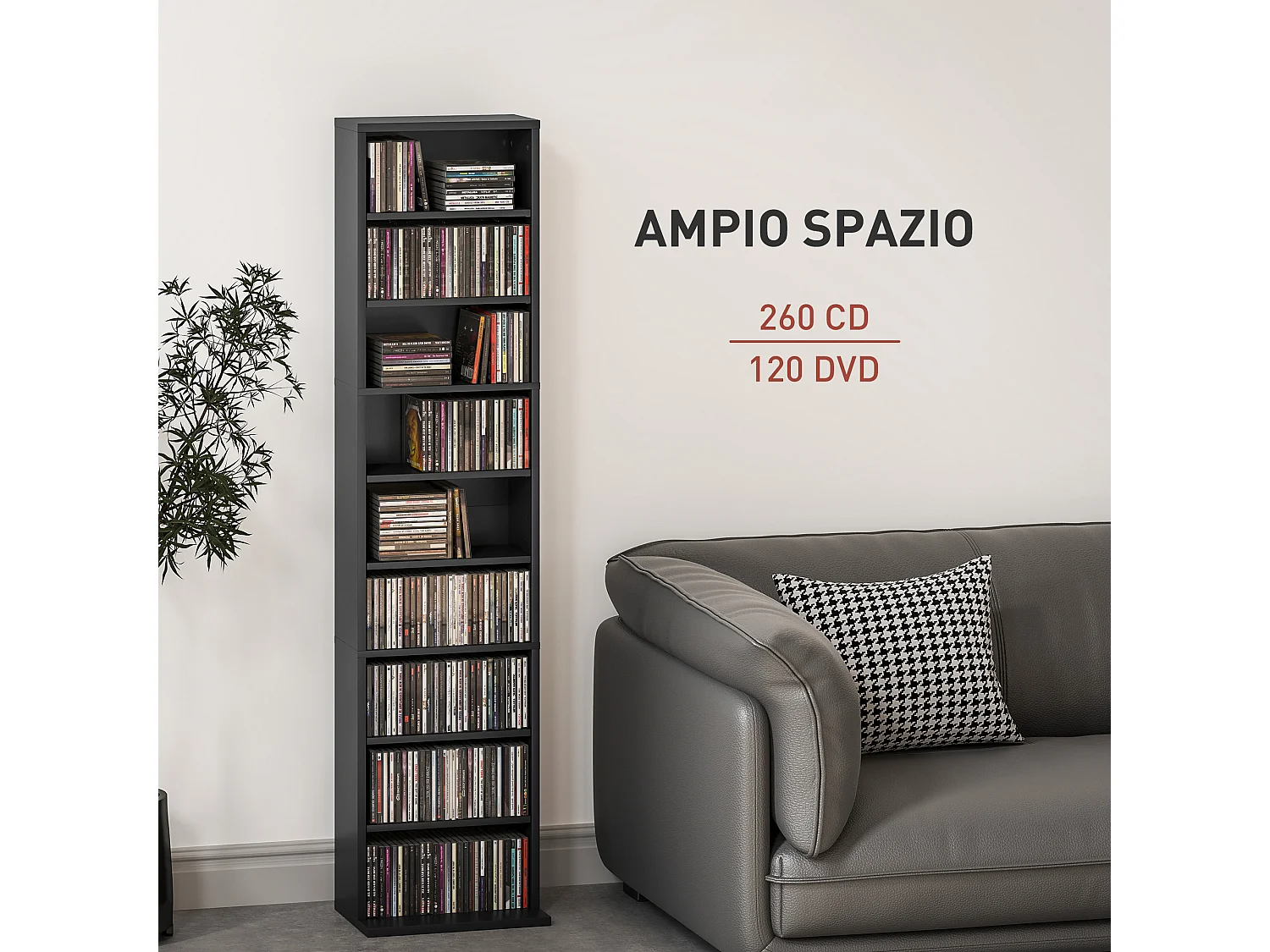 Scaffale porta cd con 6 ripiani regolabili alto 140 cm in legno nero