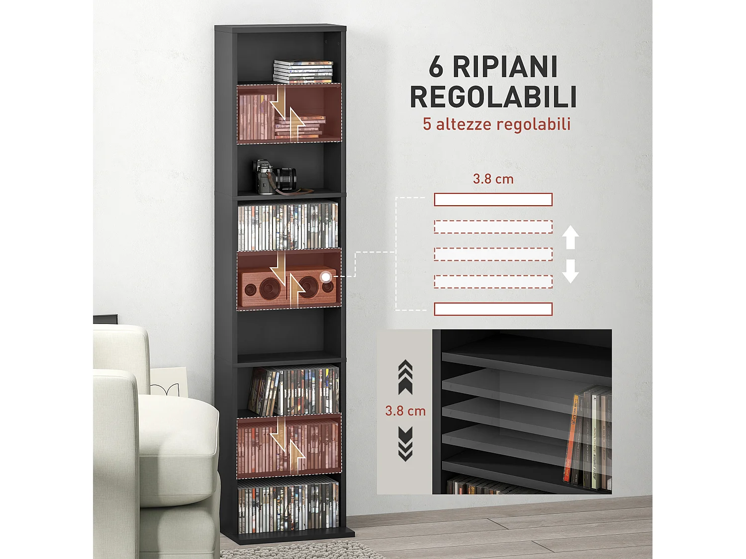 Scaffale porta cd con 6 ripiani regolabili alto 140 cm in legno nero