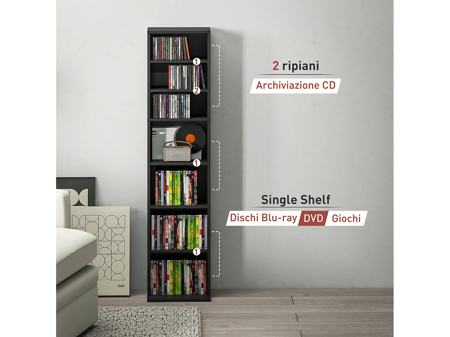 Scaffale porta cd con 6 ripiani regolabili alto 140 cm in legno nero