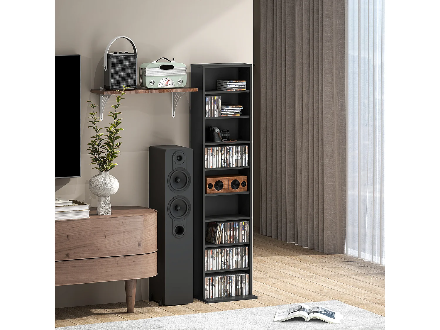 Scaffale porta cd con 6 ripiani regolabili alto 140 cm in legno nero