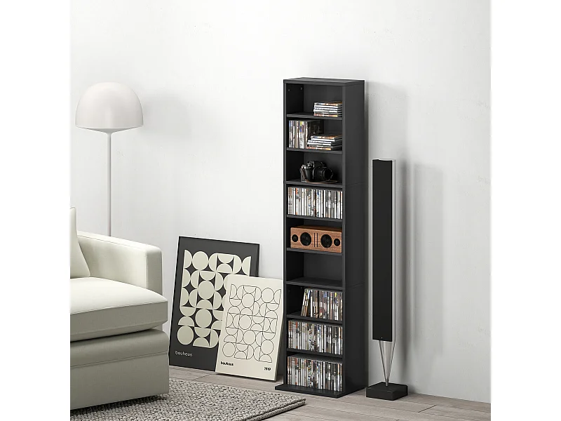 Scaffale porta cd con 6 ripiani regolabili alto 140 cm in legno nero