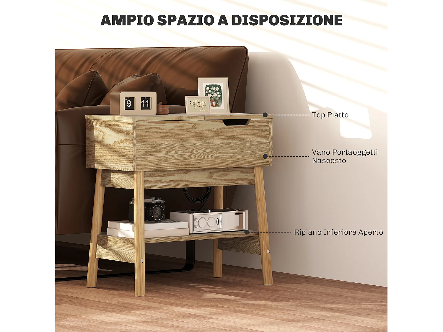 Tavolino da salotto in stile boho con 2 ripiani in mdf color legno