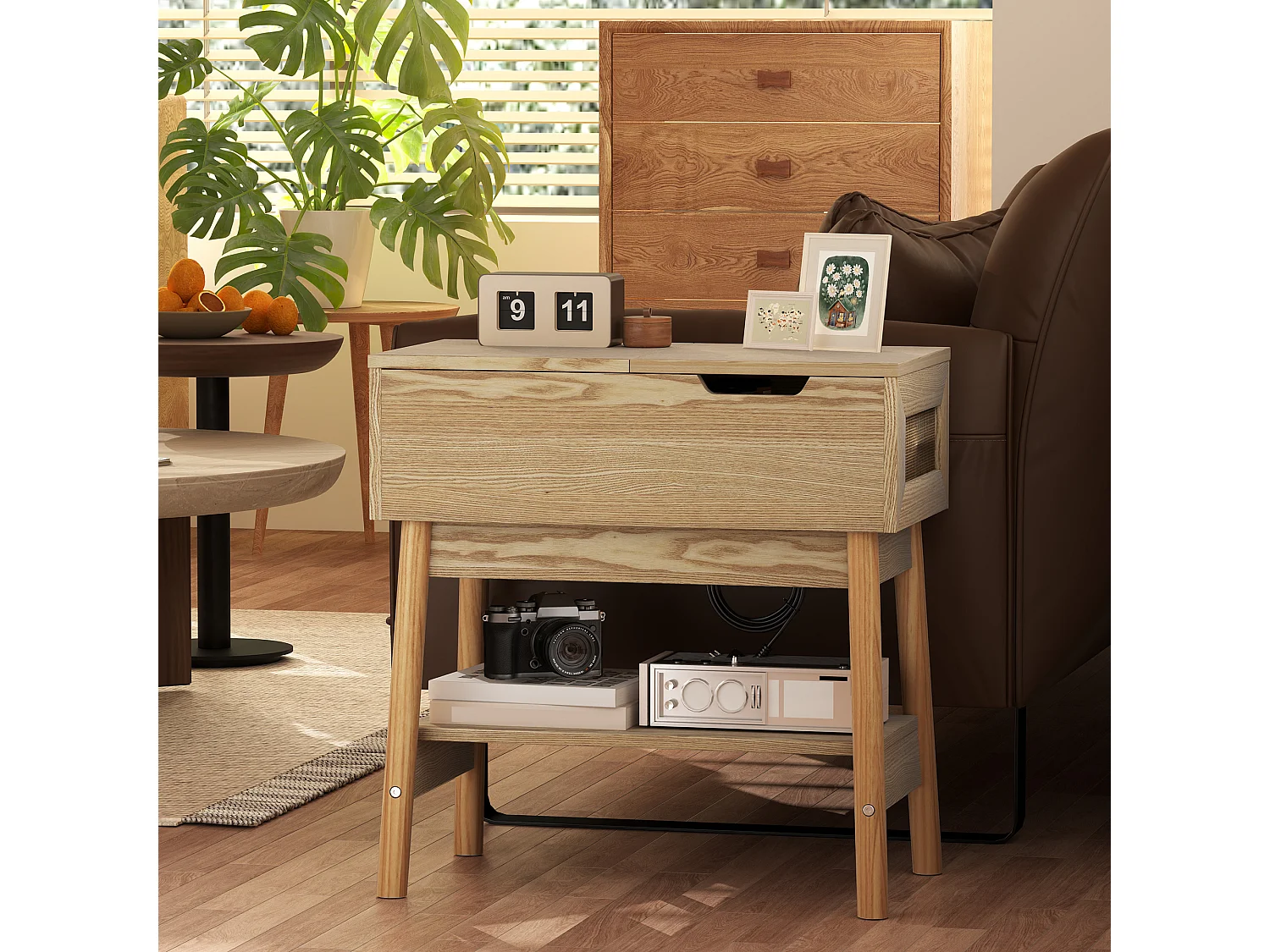 Tavolino da salotto in stile boho con 2 ripiani in mdf color legno