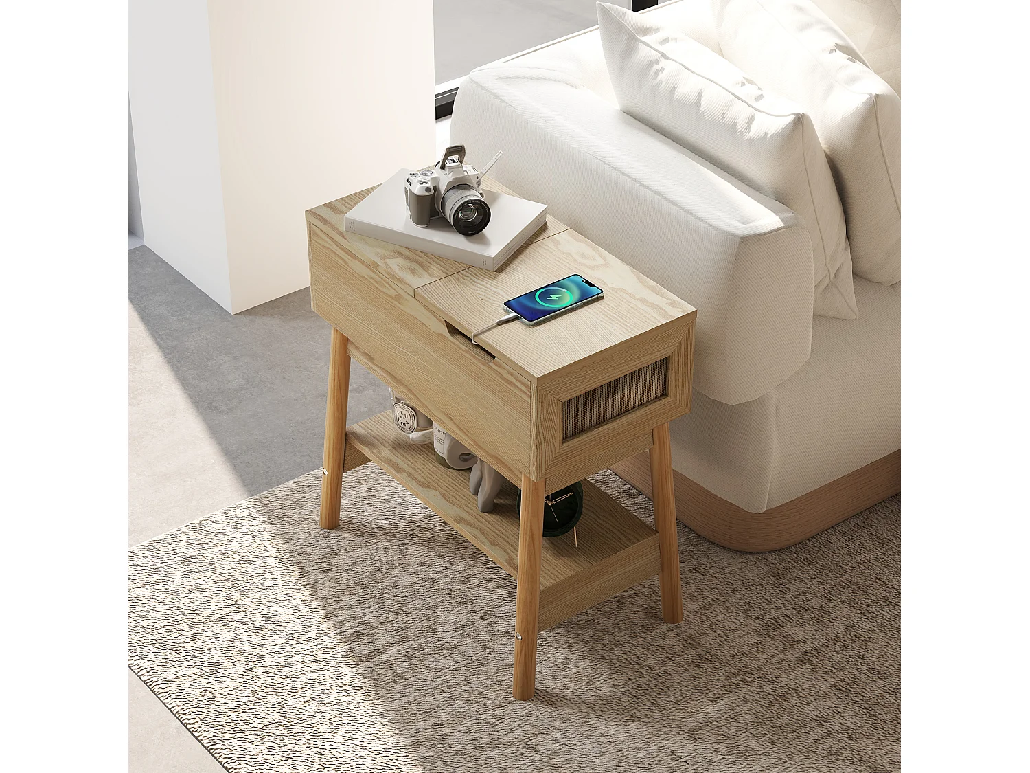 Tavolino da salotto in stile boho con 2 ripiani in mdf color legno