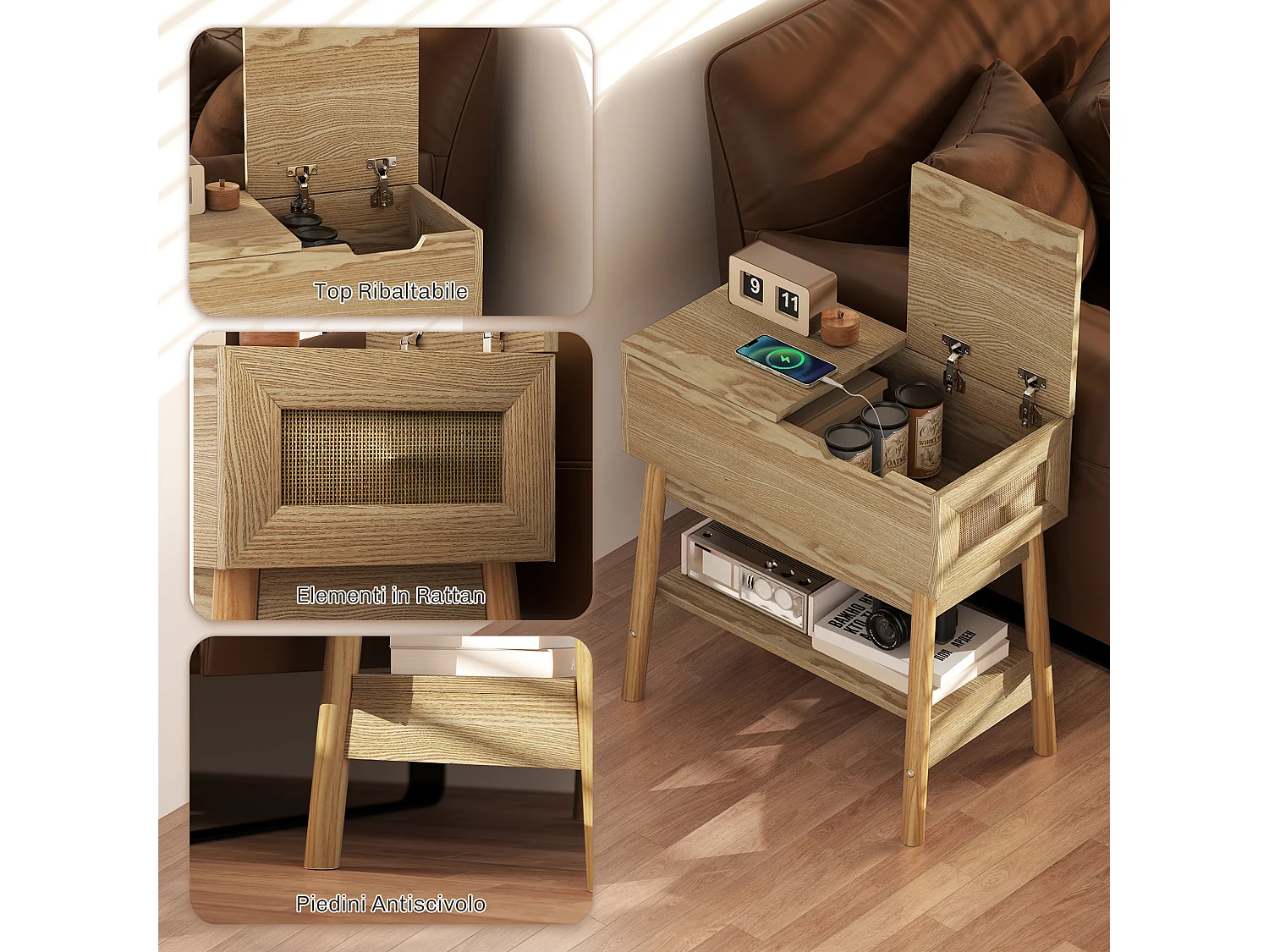 Tavolino da salotto in stile boho con 2 ripiani in mdf color legno