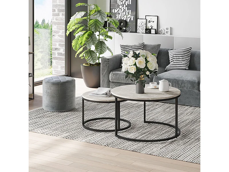 Set 2 tavolini da caffè impilabili in metallo e MDF grigio e nero