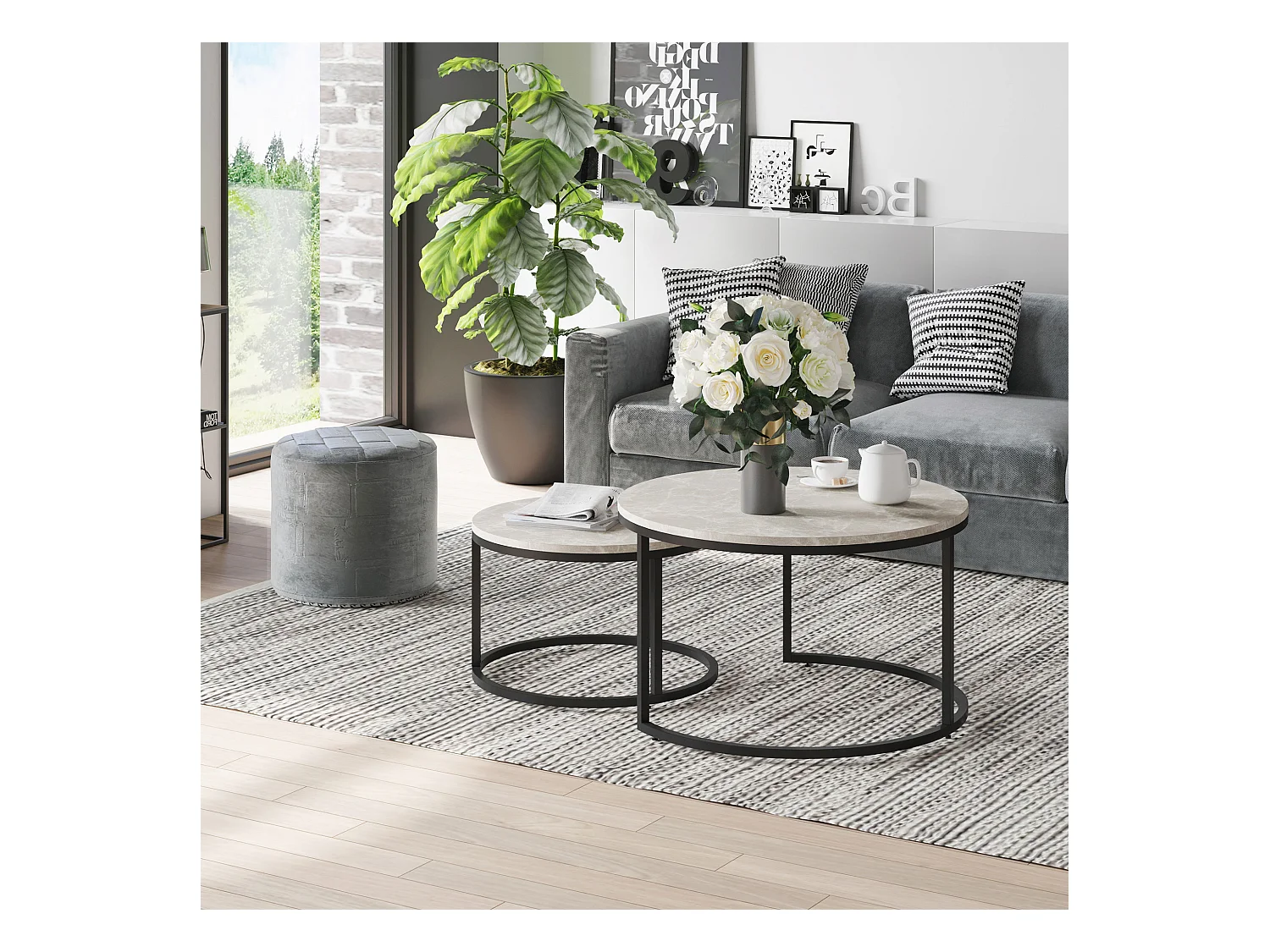 Set 2 tavolini da caffè impilabili in metallo e MDF grigio e nero