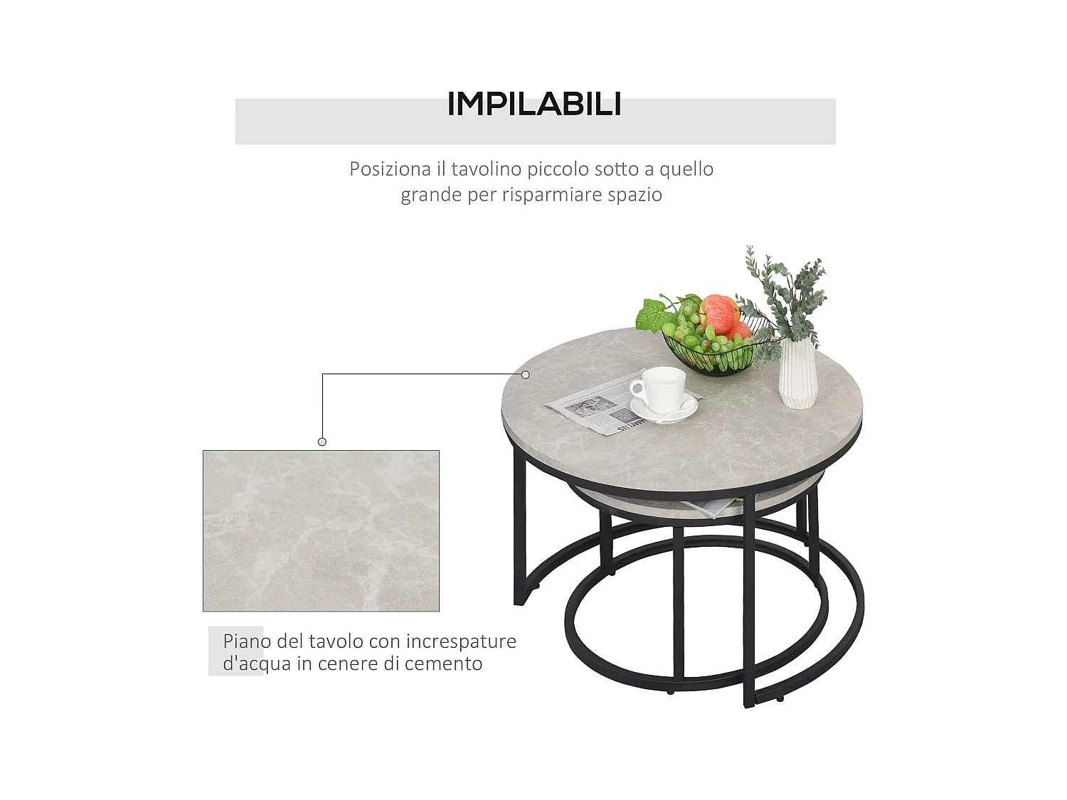 Set 2 tavolini da caffè impilabili in metallo e MDF grigio e nero