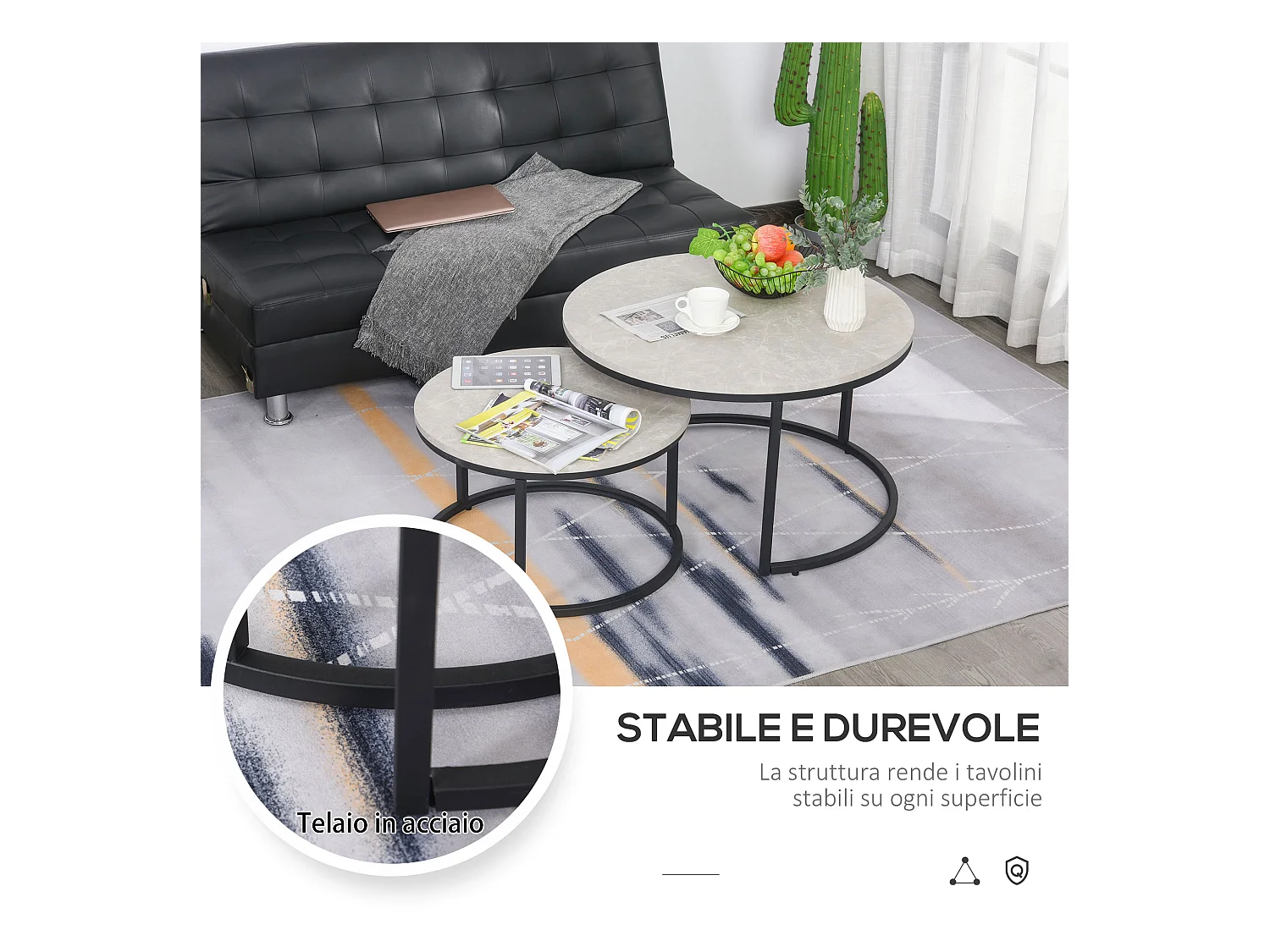 Set 2 tavolini da caffè impilabili in metallo e MDF grigio e nero