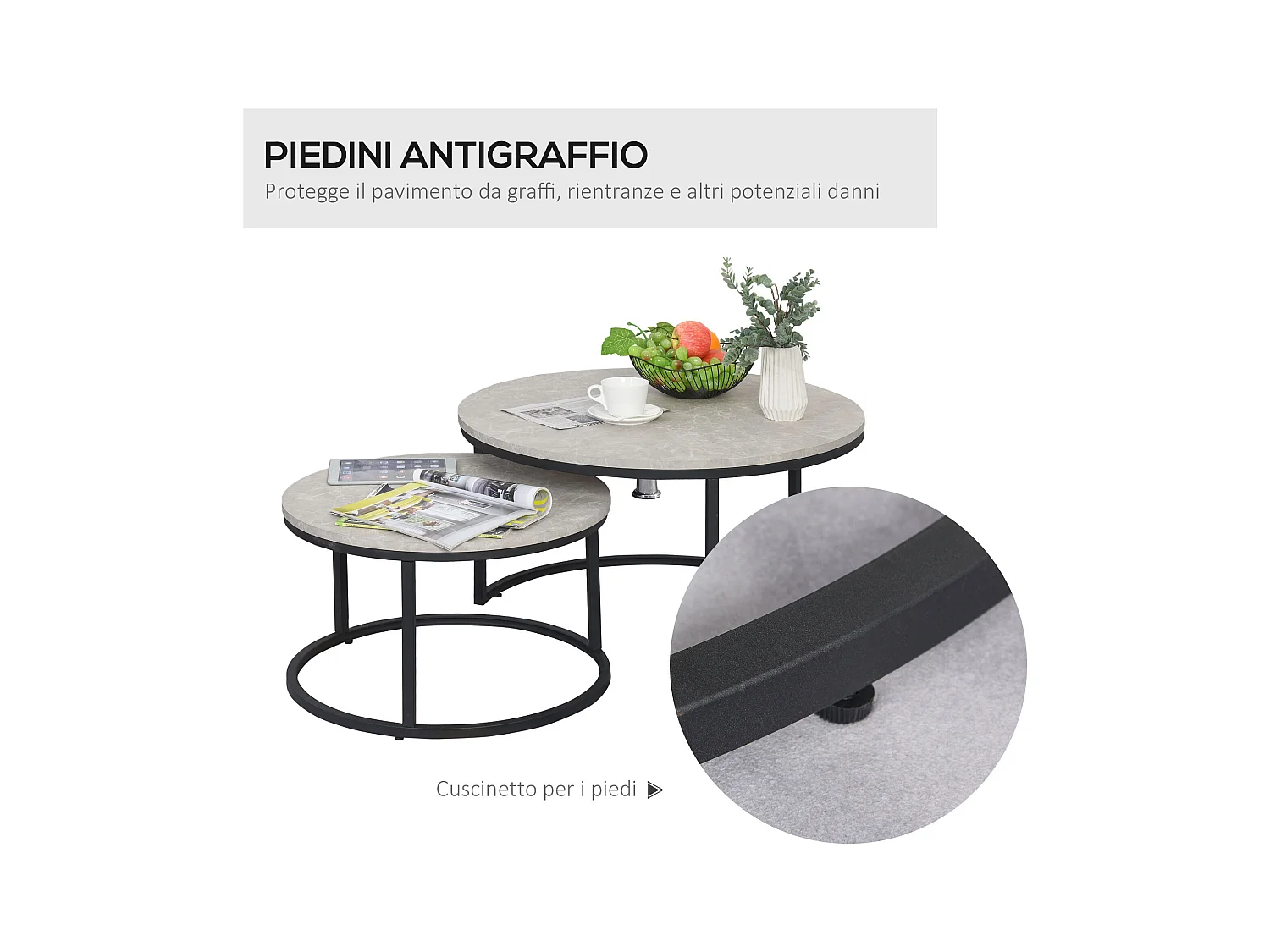 Set 2 tavolini da caffè impilabili in metallo e MDF grigio e nero