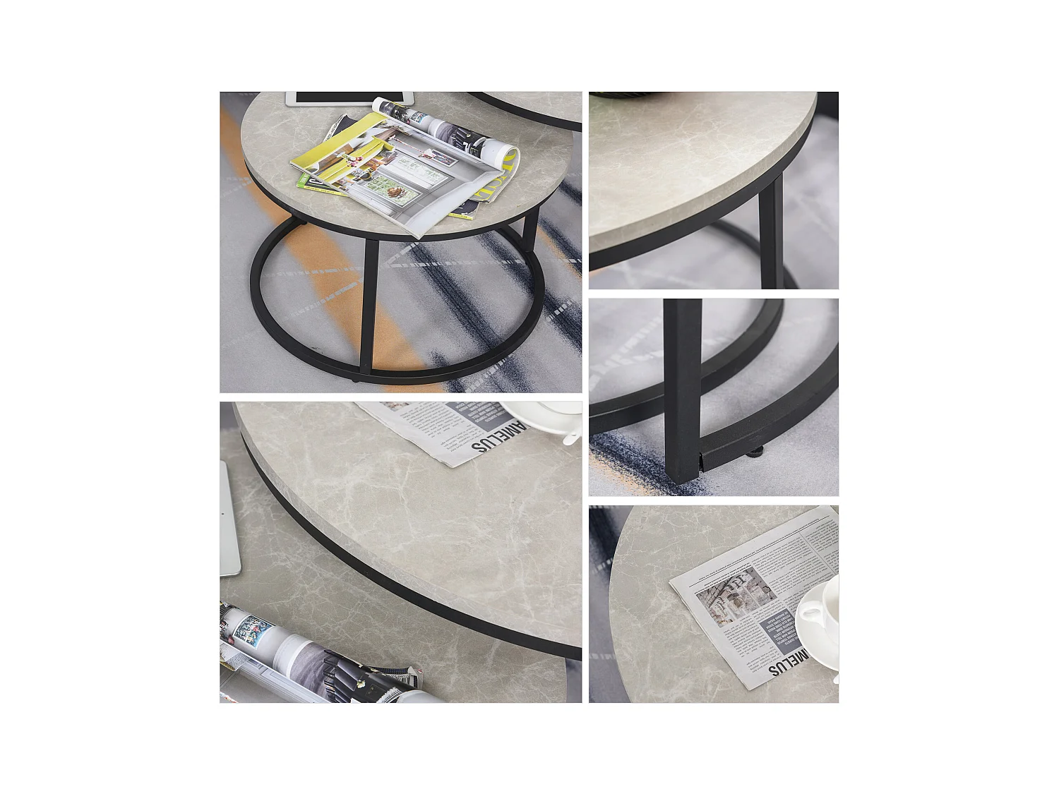 Set 2 tavolini da caffè impilabili in metallo e MDF grigio e nero