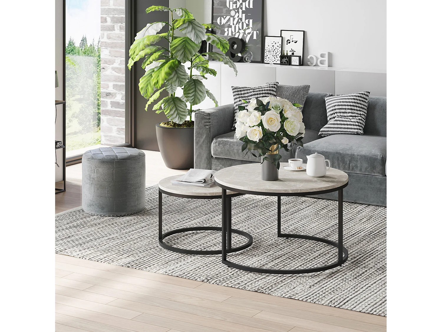 Set 2 tavolini da caffè impilabili in metallo e MDF grigio e nero