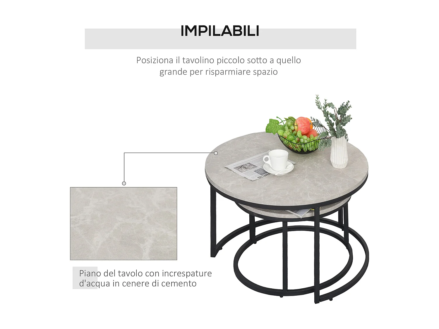 Set 2 tavolini da caffè impilabili in metallo e MDF grigio e nero